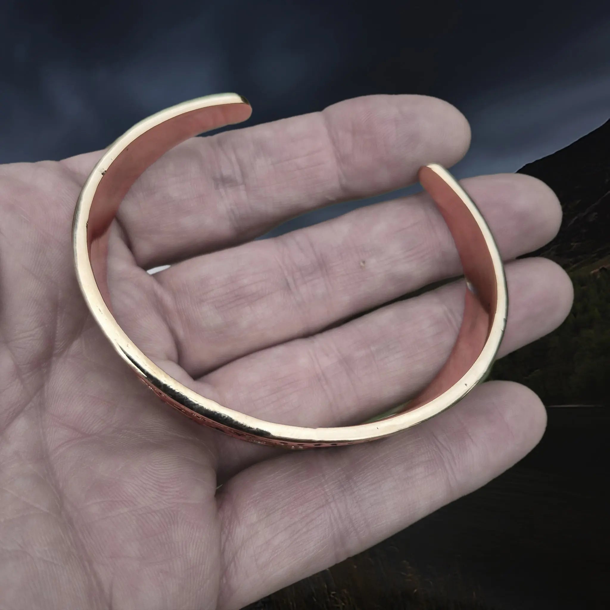 Bronze Hiberno-Norse Viking Bracelet / Arm Ring Replica with 3 Dot Design on Hand - Above View