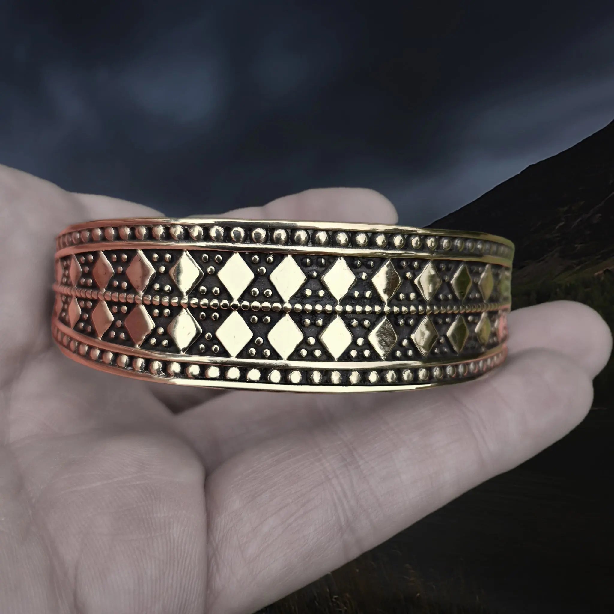 Bronze Hiberno-Norse Viking Bracelet / Arm Ring Replica with 5 Dot Design on Hand - Front View