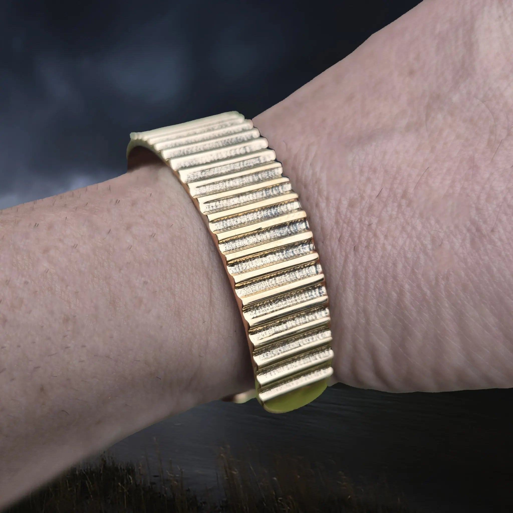 Bronze Hiberno-Norse Viking Bracelet / Arm Ring Replica with Ridge Design on Wrist - Side View