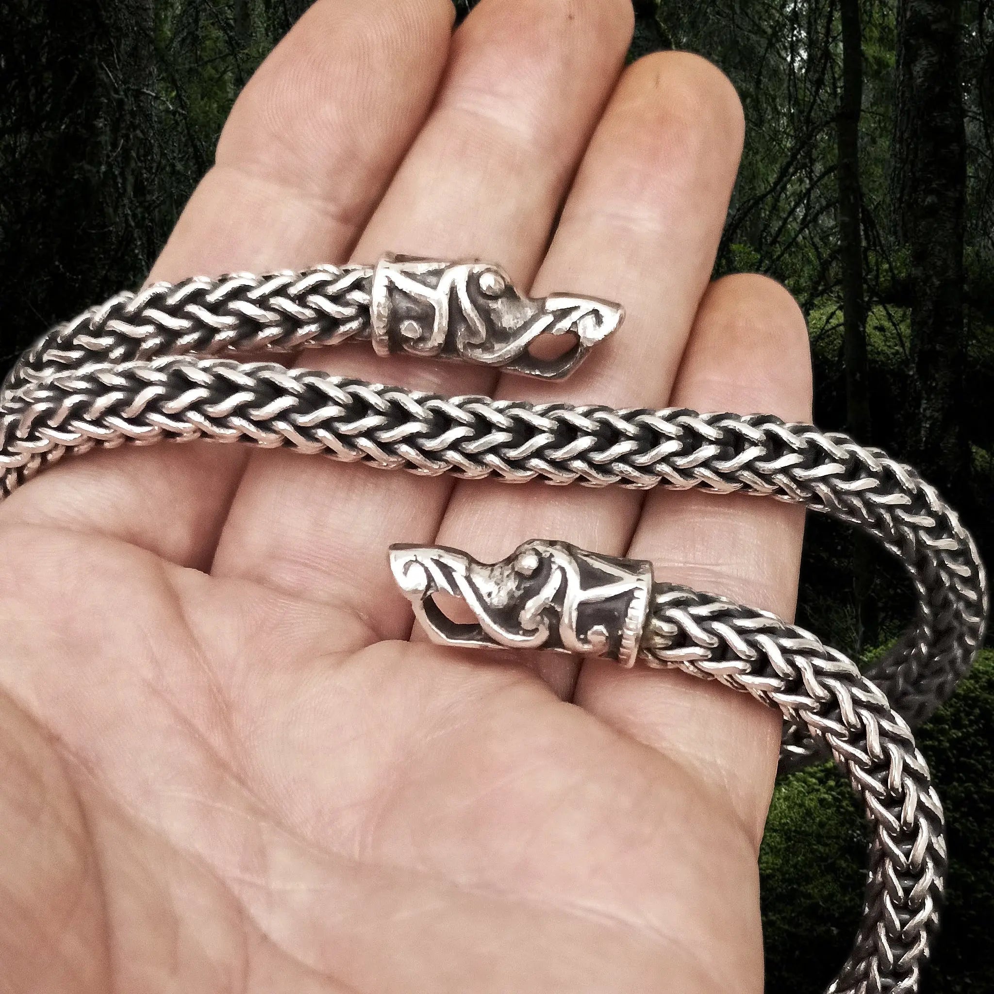 8mm Thick Silver Snake Chain Thors Hammer Necklace - Gotland Dragon Heads on Hand