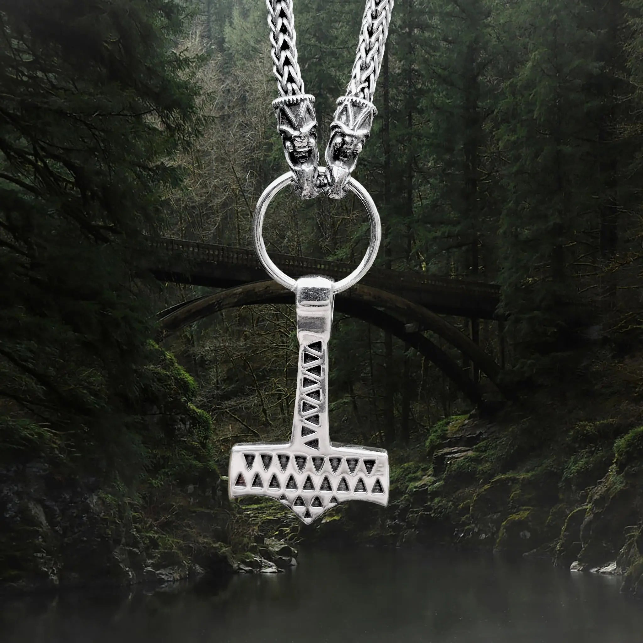 Silver Viking Thor's Hammer Pendant Replica Covered in Embossed Triangular Designs from Vålse, Denmark, 10th Century on Silver Split Ring and 5mm Silver Gotland Dragon Heads Snake Chain Necklace