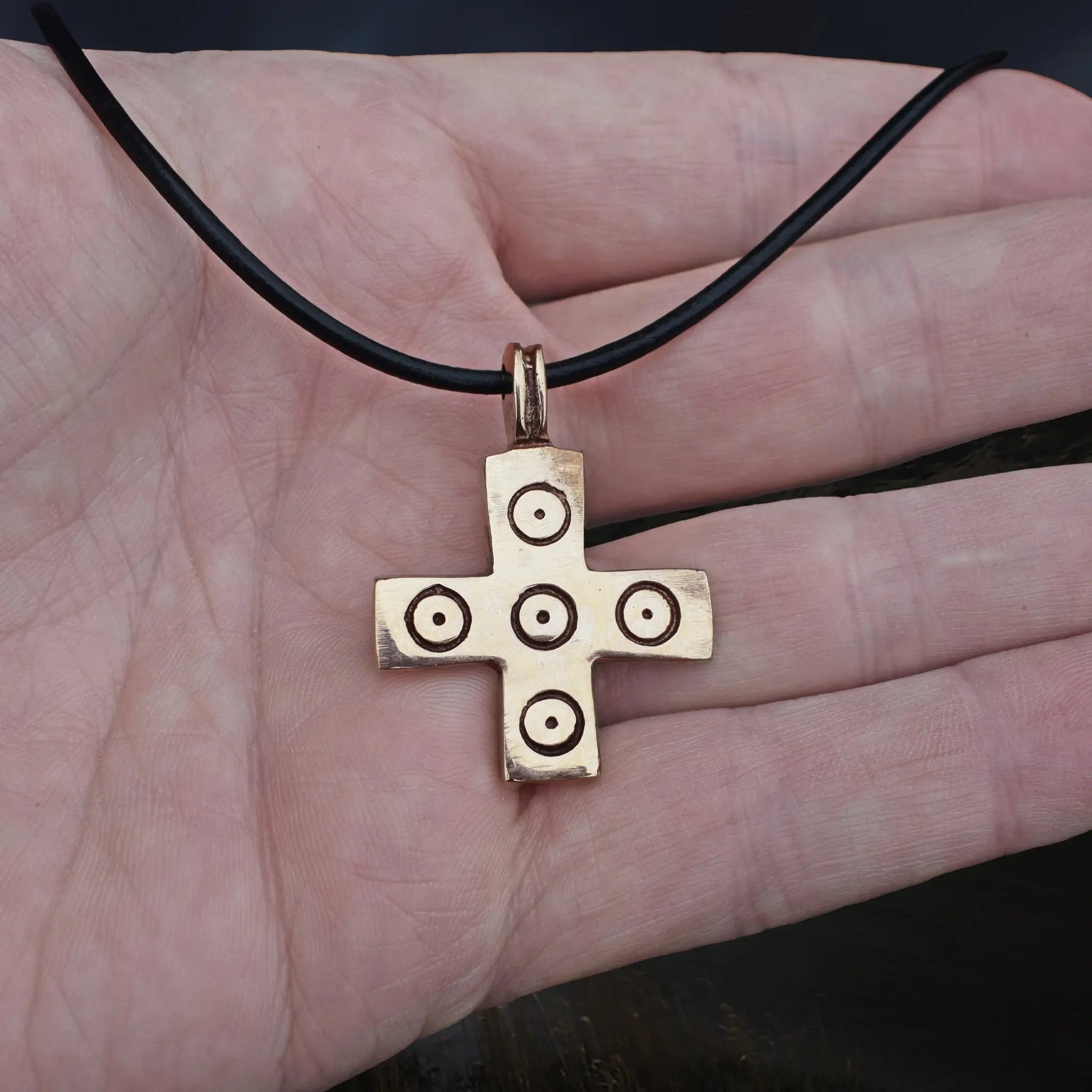 Bronze Replica Viking / Saxon Cross / Crucifix Pendant with 5 Dot Pattern on Leather Cord, on Hand