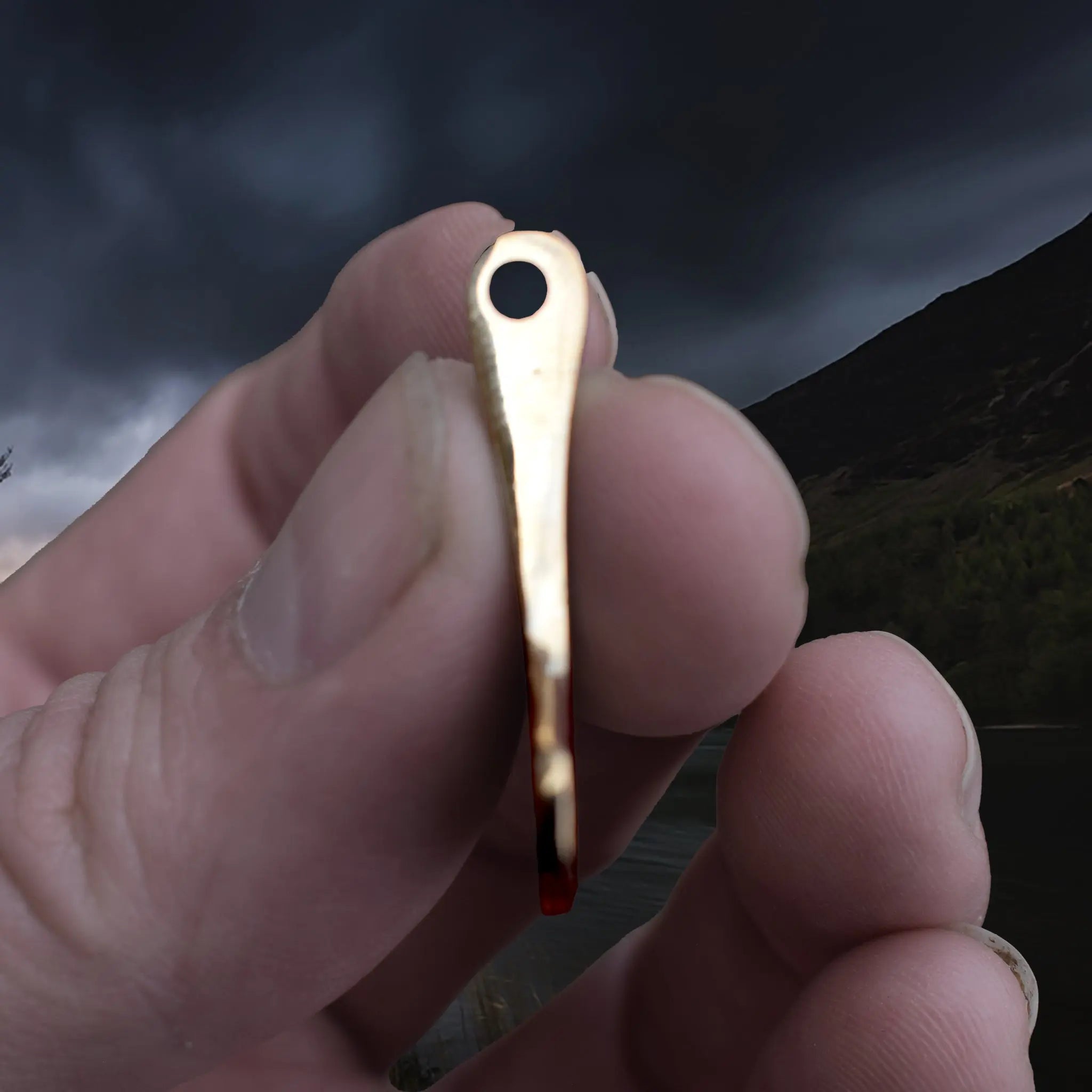 Bronze Replica Thors Hammer Pendant from 10th Century Denmark with Dot & Ring Design in Fingers - Side View