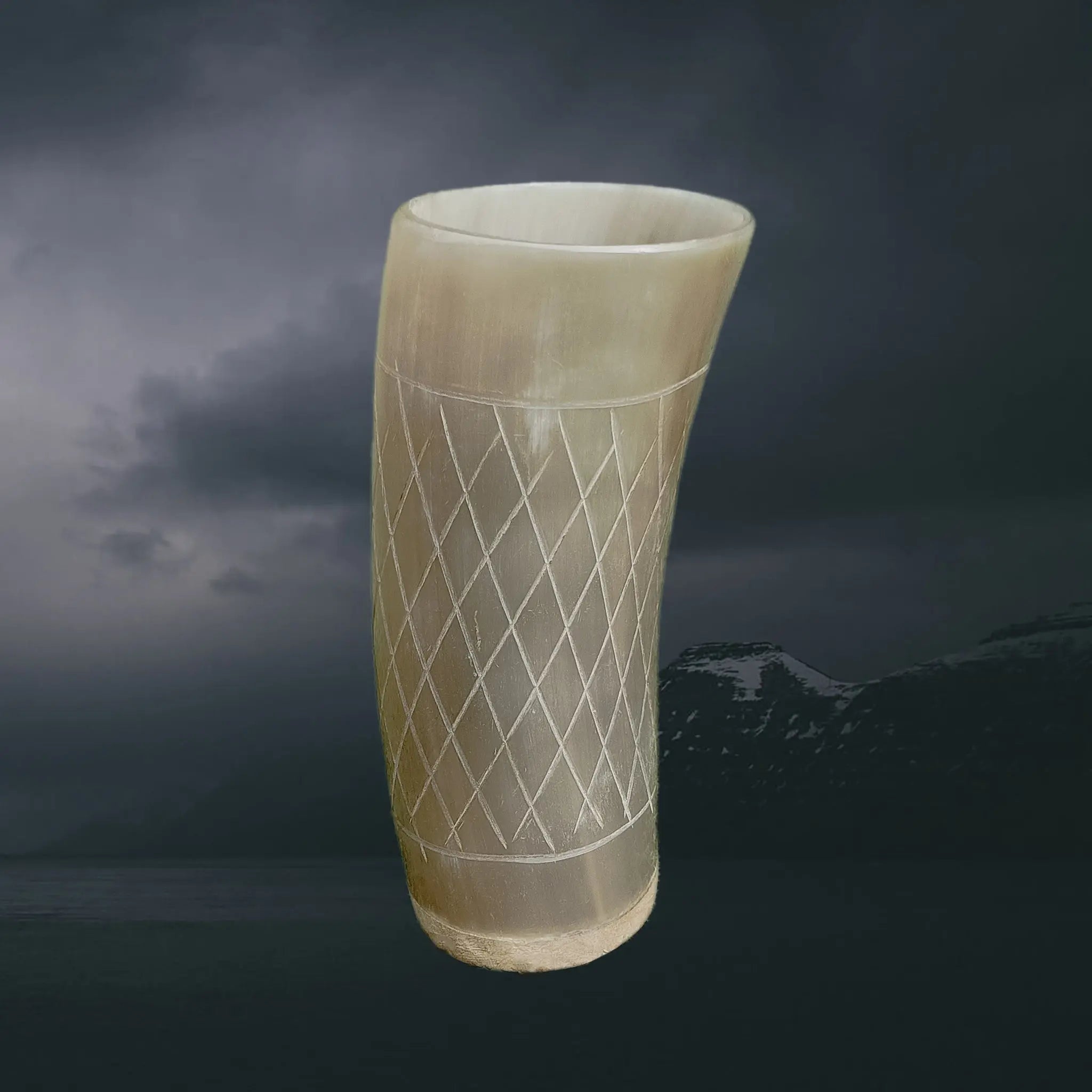 Polished Horn Beer Beaker with Wood Base and Carved Design