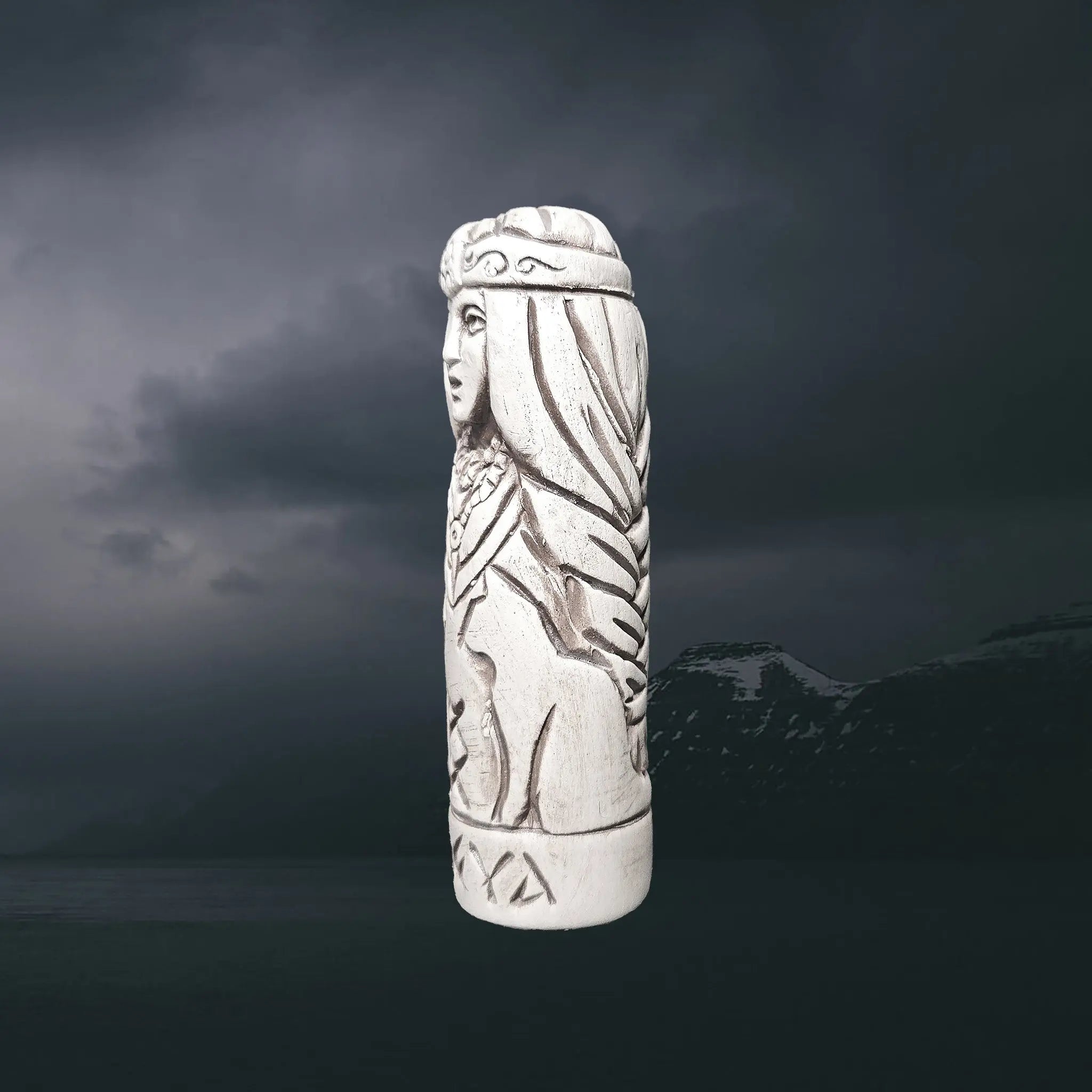 Hand-Crafted Ceramic Norse Goddess Freya Statuette - Left Side View