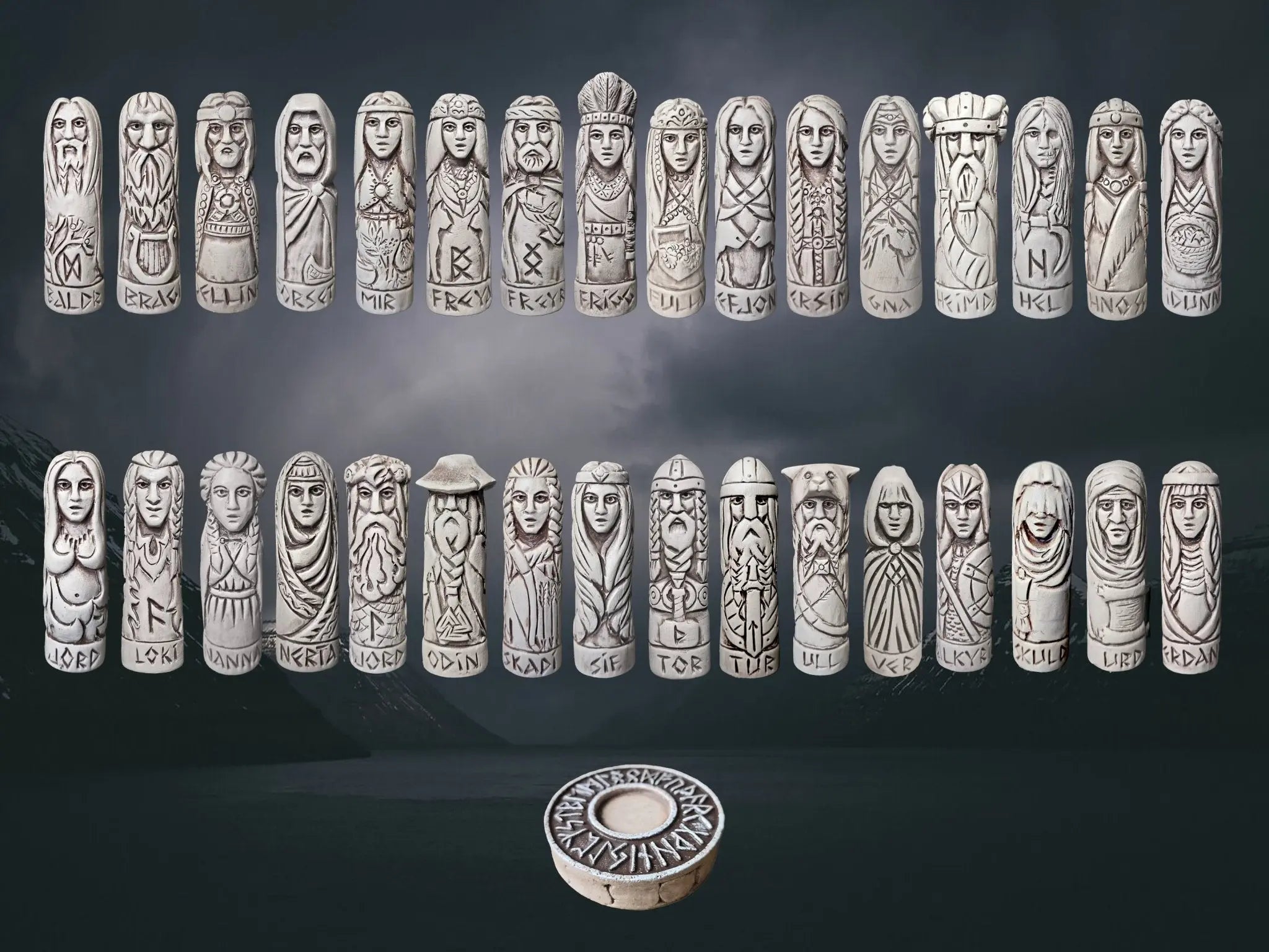 Hand-Crafted Ceramic Ultimate Norse Gods Collection with Elder Futhark Runic Altar - Landscape View