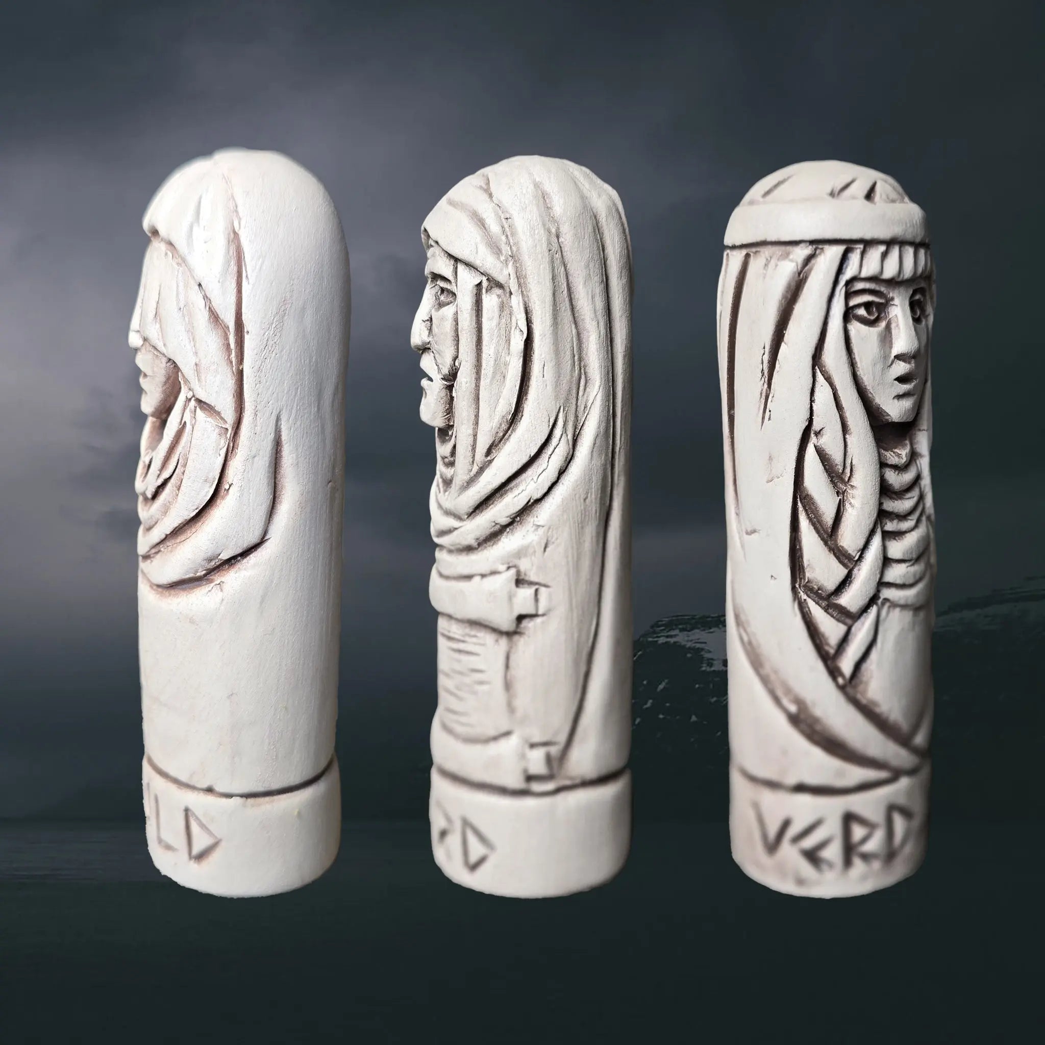 Norse Mythology Statues of the 3 Norns - Skuld, Urd & Verdandi - Side Angle Views