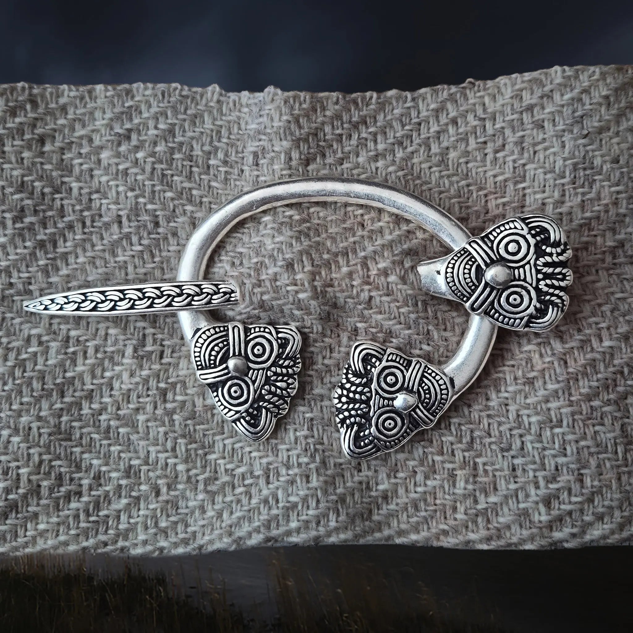 Viking Age Replica - Silver Plated Danish Cloak Pin with Viking Heads The Viking Dragon