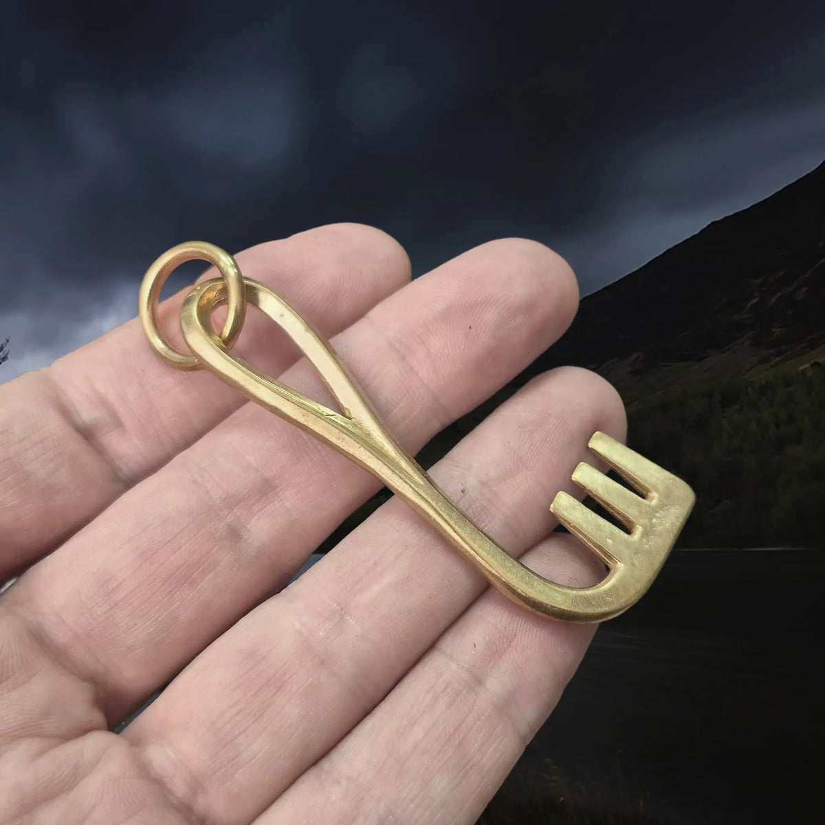 Replica Viking Grave Find Large L-Shaped Key Pendant - Bronze on Hand - Angle View