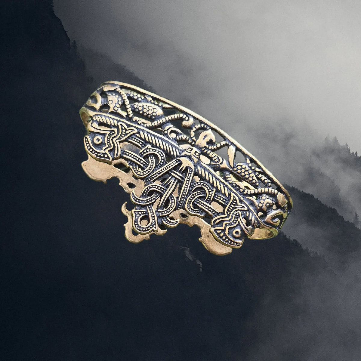 Viking Age Bronze Replica Viking Scabbard Mouth from Dybek, Skåne, Sweden - Angle View
