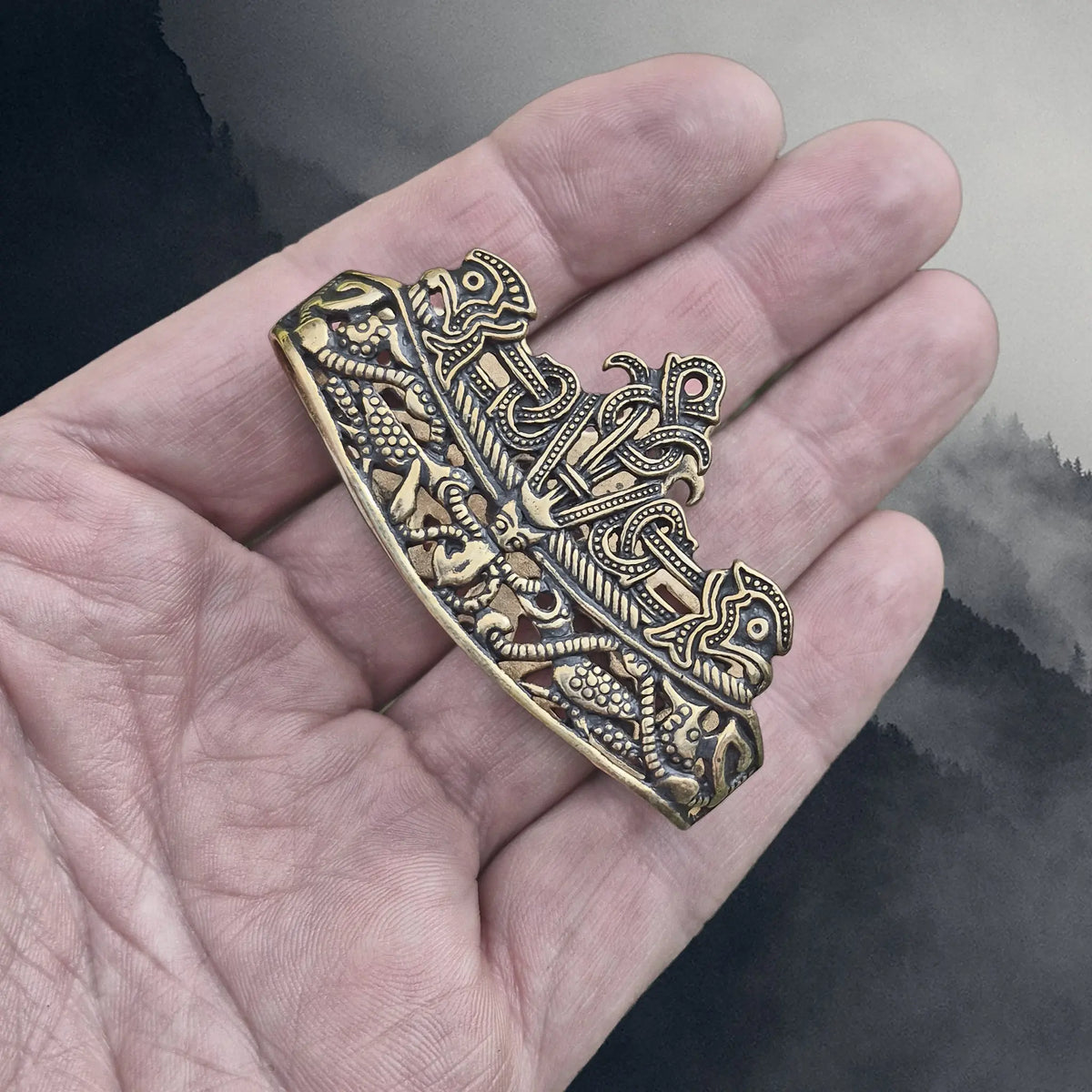 Viking Age Bronze Replica Viking Scabbard Mouth from Dybek, Skåne, Sweden on Hand