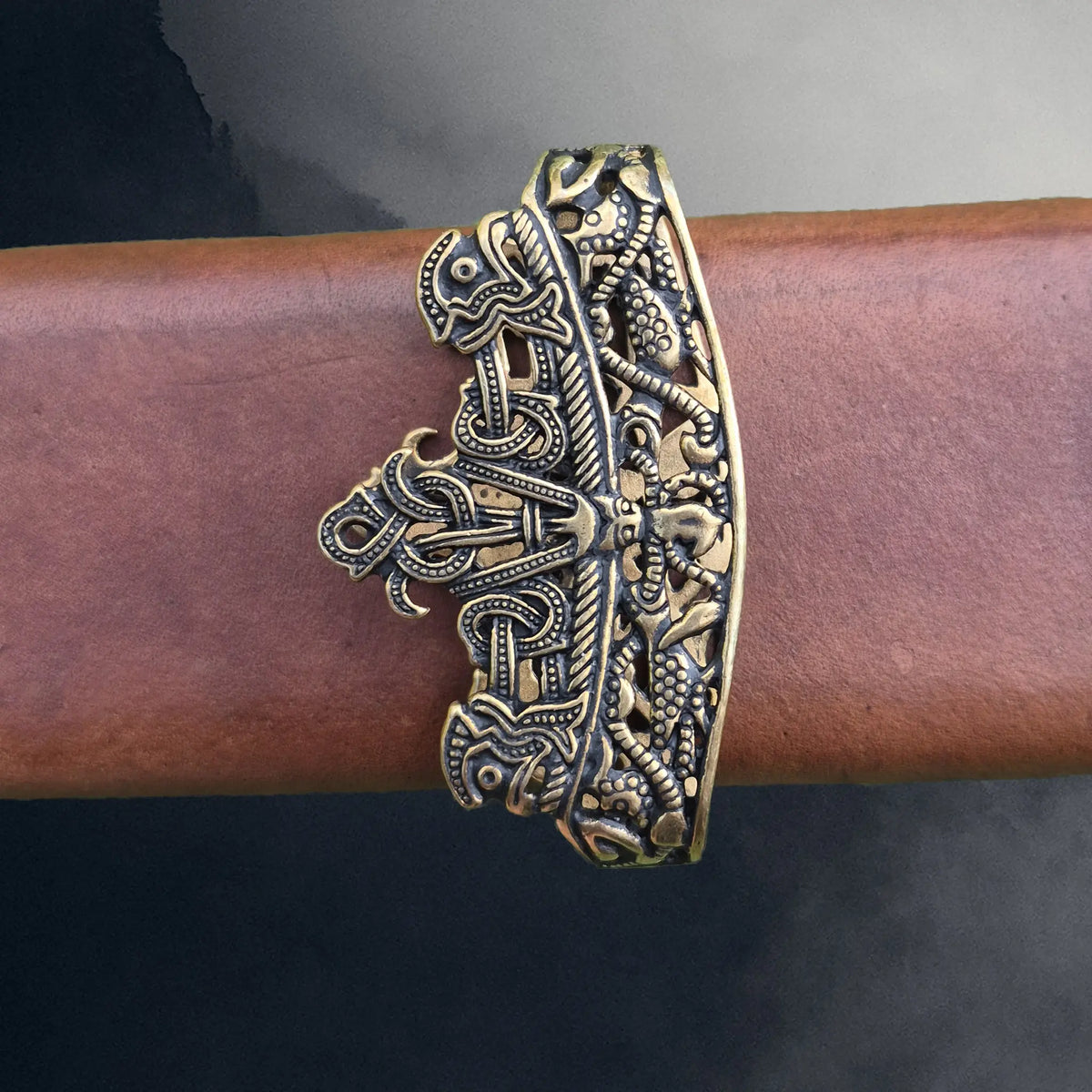 Viking Age Bronze Replica Viking Scabbard Mouth from Dybek, Skåne, Sweden on Leather Scabbard - Loose