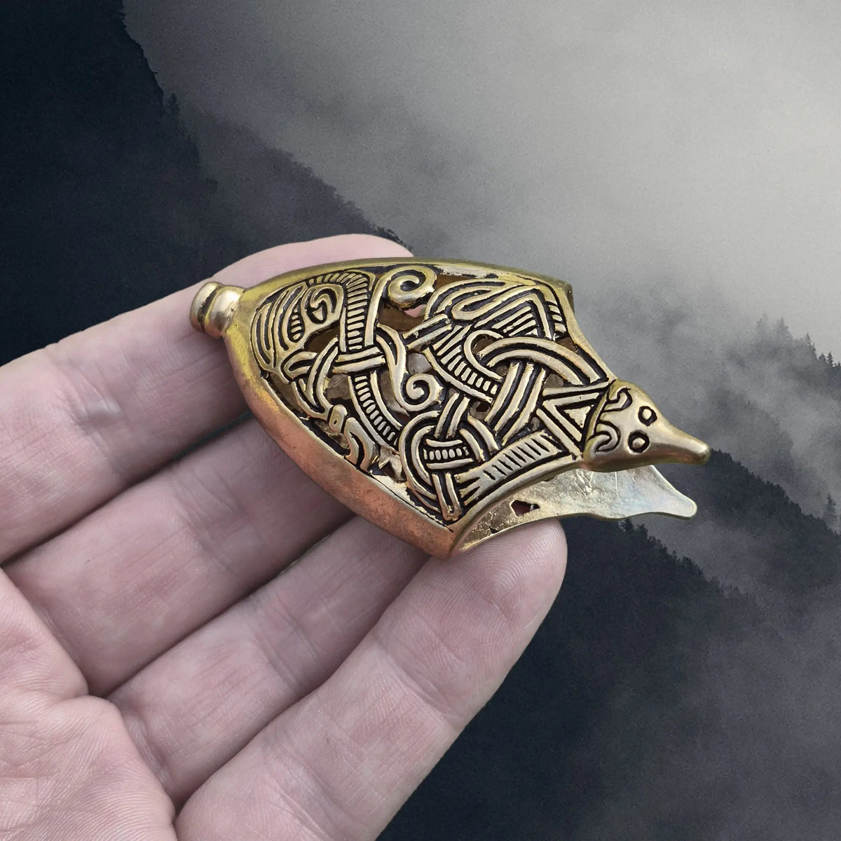 Bronze Replica Viking Scabbard Chape from Borre with Animal Headon Hand - Angle View