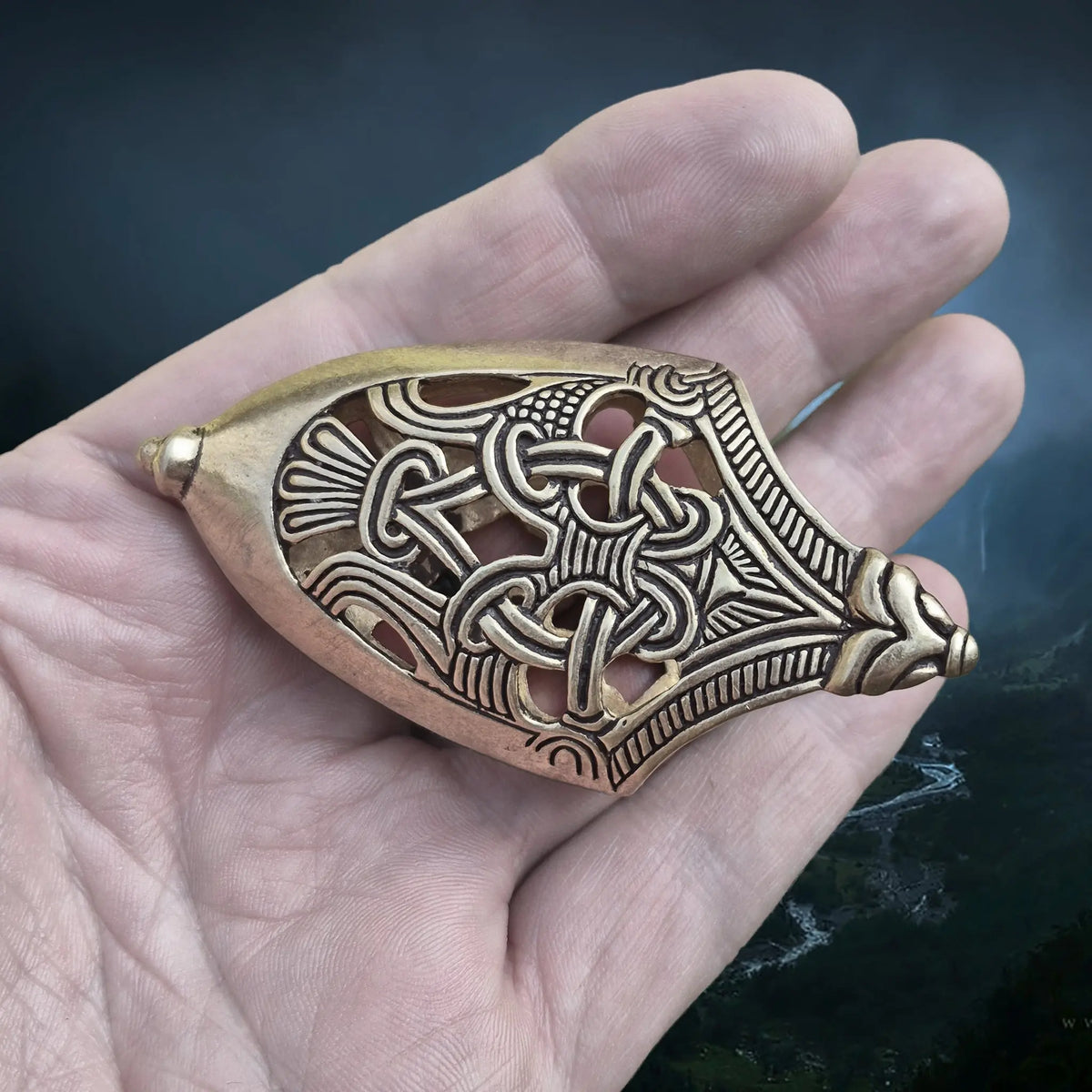 Bronze Replica Viking Scabbard Chape Replica from Skåne, Sweden in Borre Style on Hand