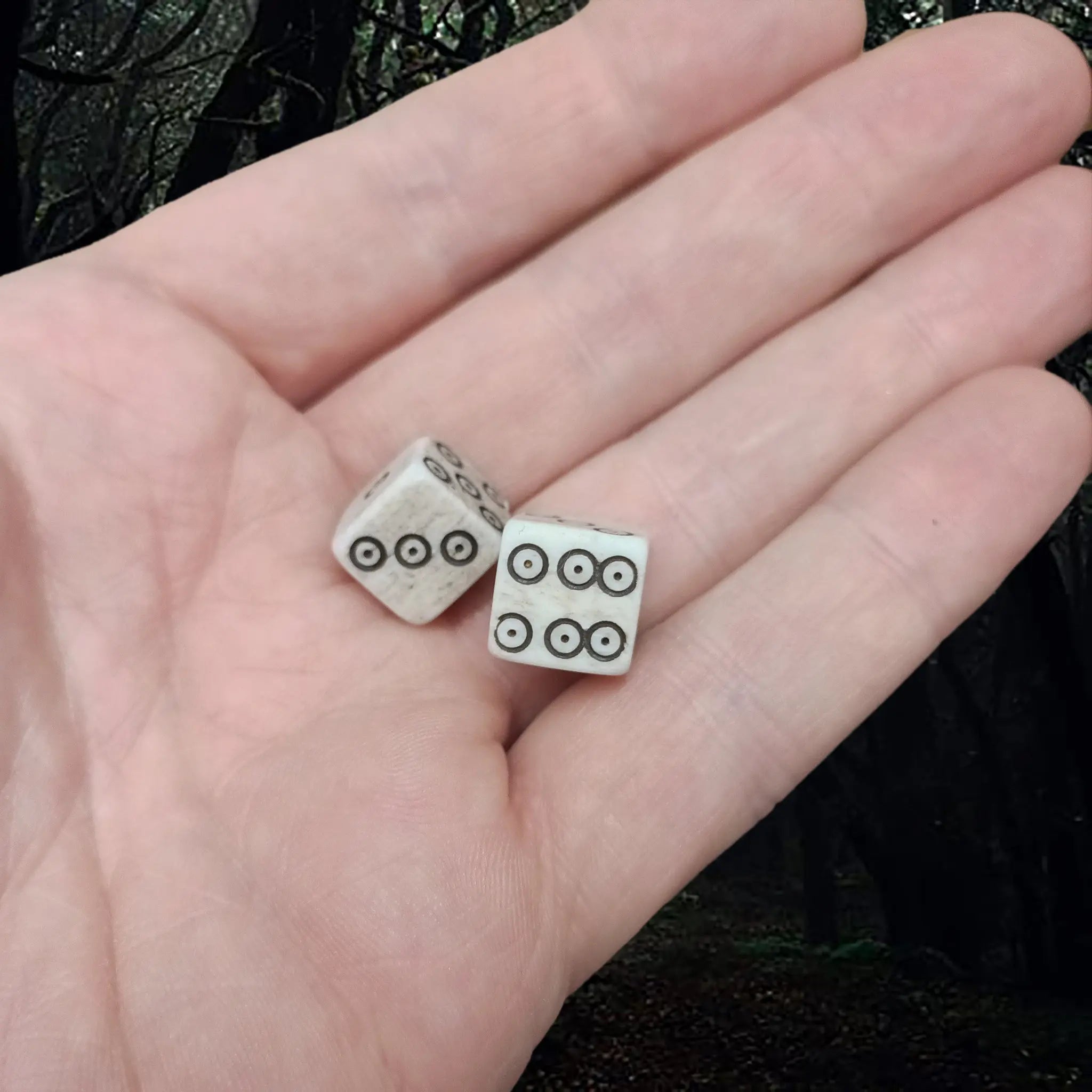 Cow Bone Replica Medium Dice with Hand-Carved Dot & Ring Spots on Hand x 2
