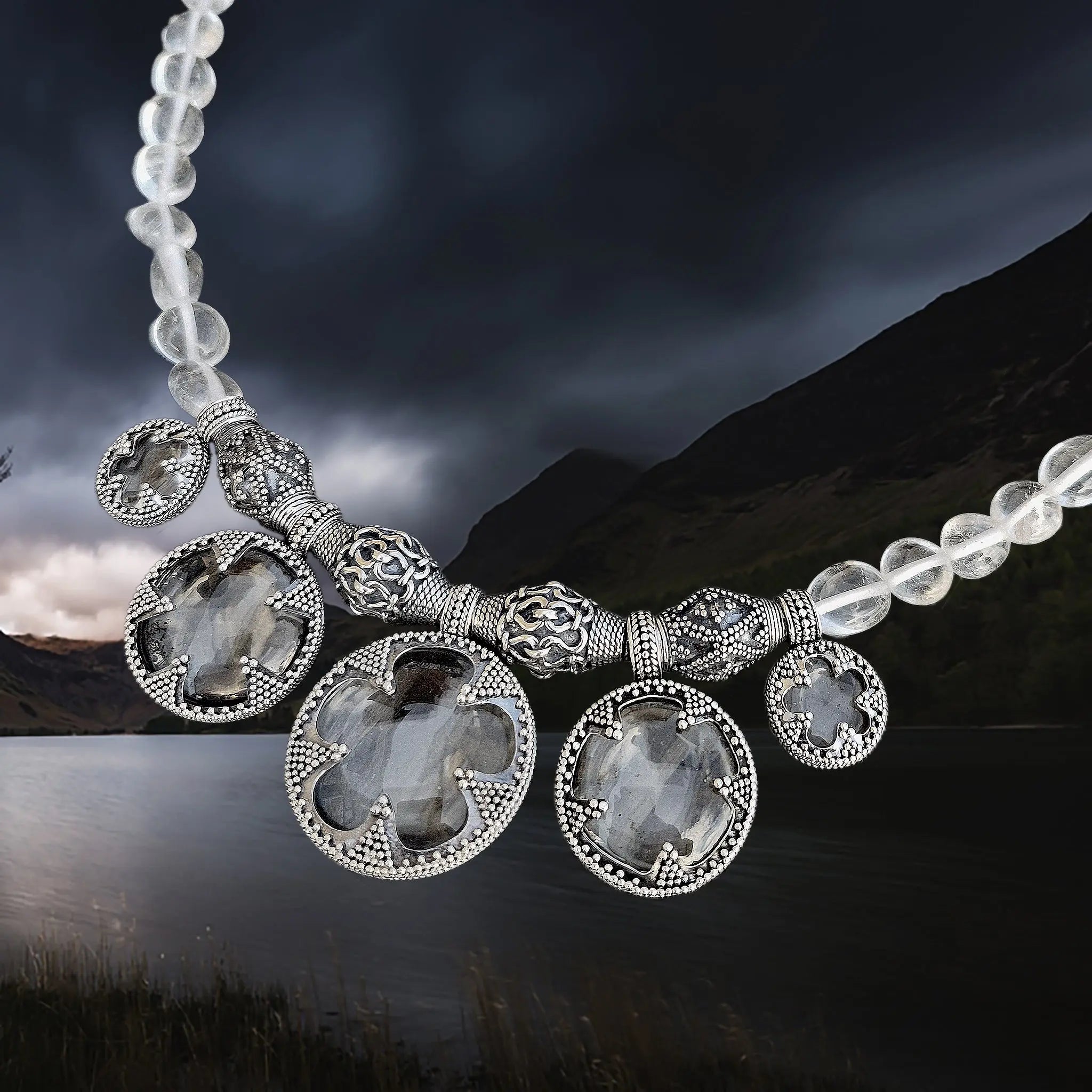 5 Lens Rock Crystal Silver Necklace Replica from Gotland - Close up Angle View