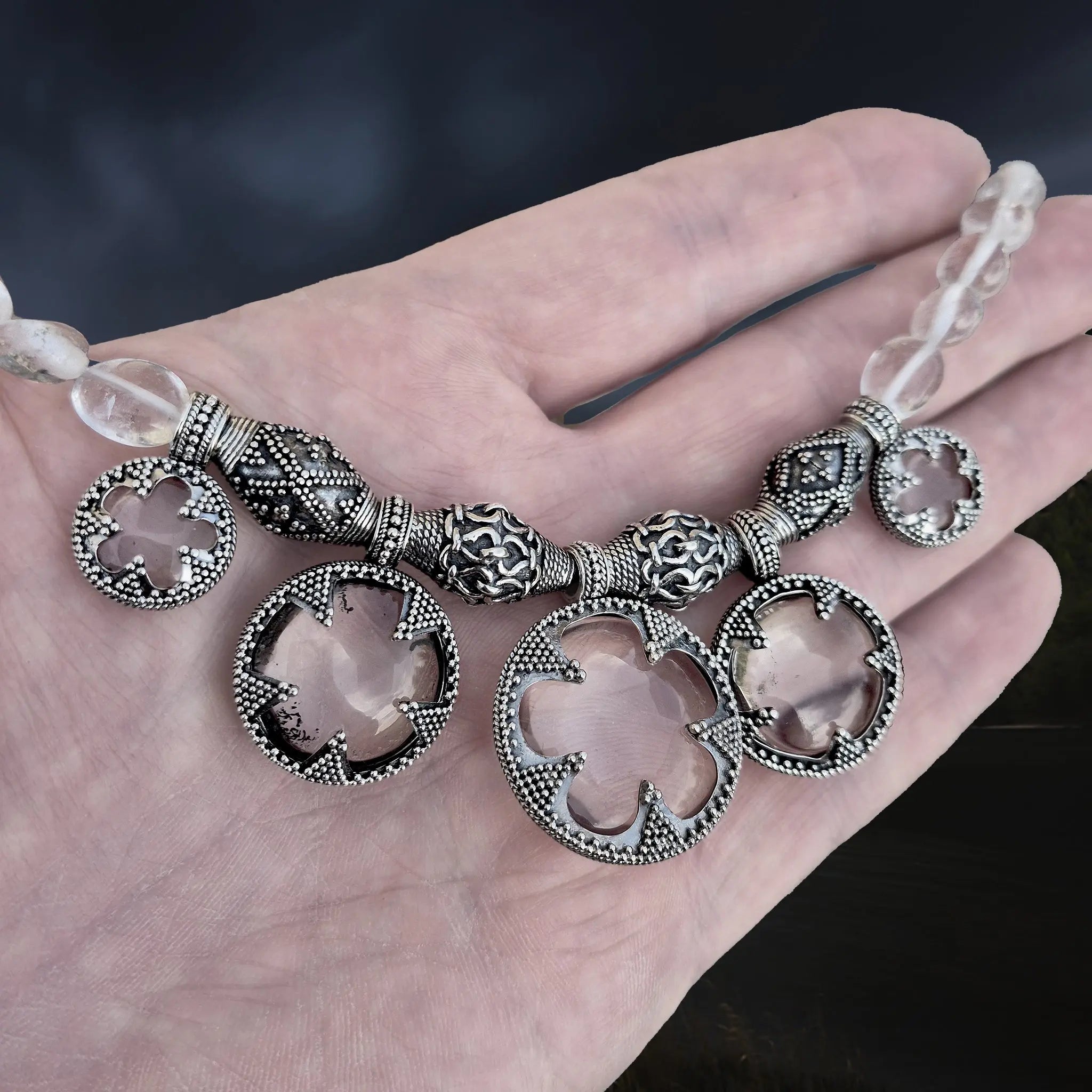 5 Lens Rock Crystal Silver Necklace Replica from Gotland on Hand - Angle View