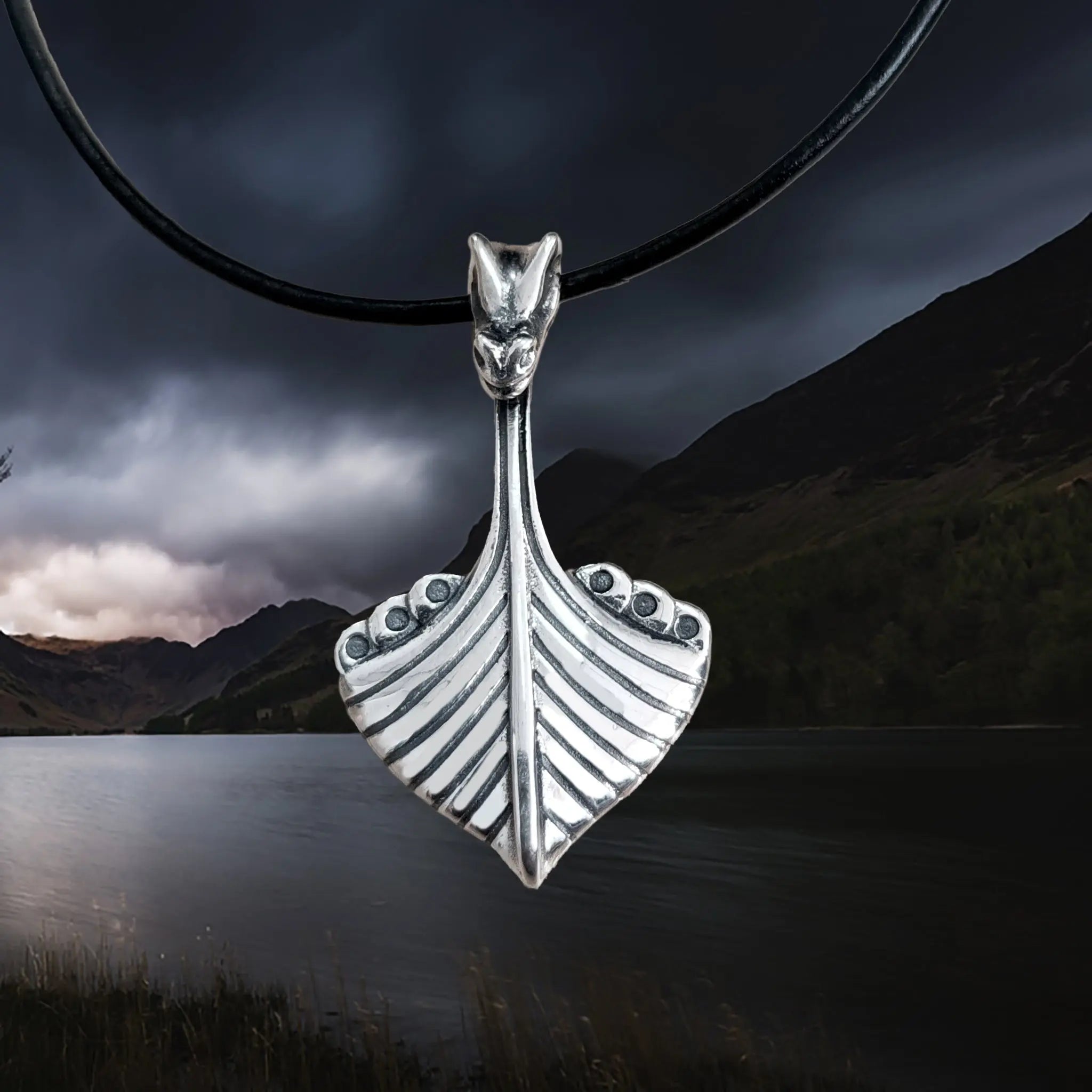 Replica Norwegian Viking Ship Pendant in Sterling Silver on Leather Cord