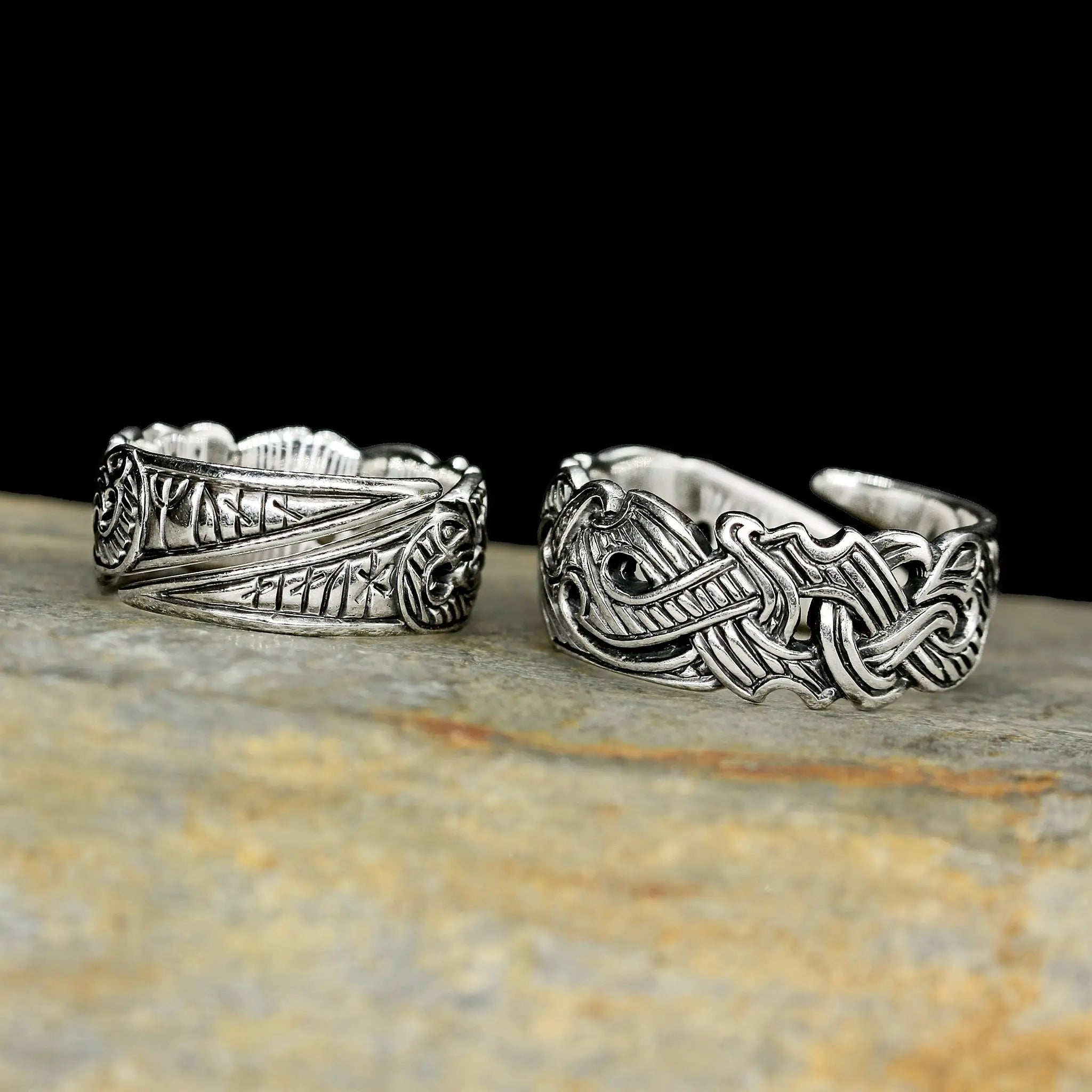 Silver Viking Raven Rings on Rock - Hugin & Munin
