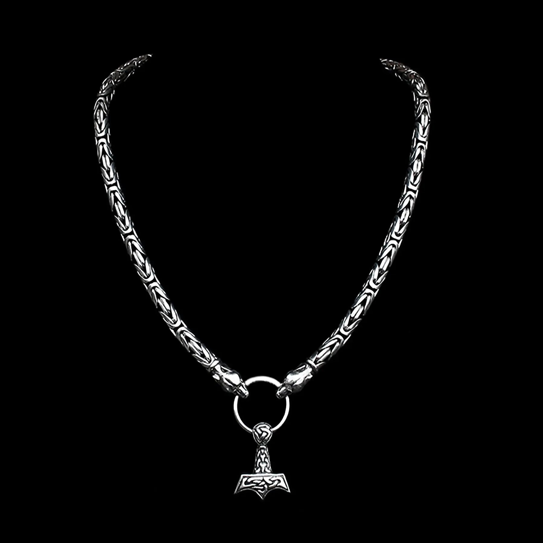 8mm Thick Silver King Chain Thors Hammer Necklace - Ferocious Wolf Heads - Split Ring - Knotwork Thors Hammer