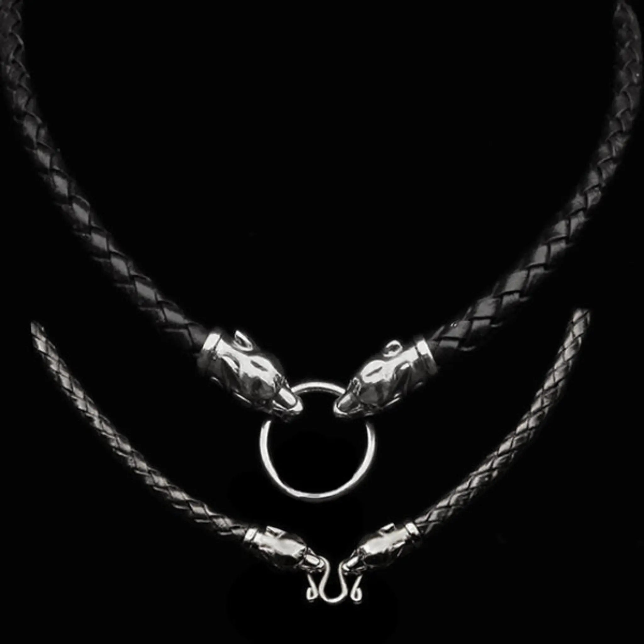 Braided Leather Necklace with Silver Ferocious Wolf Heads - Viking Jewelry