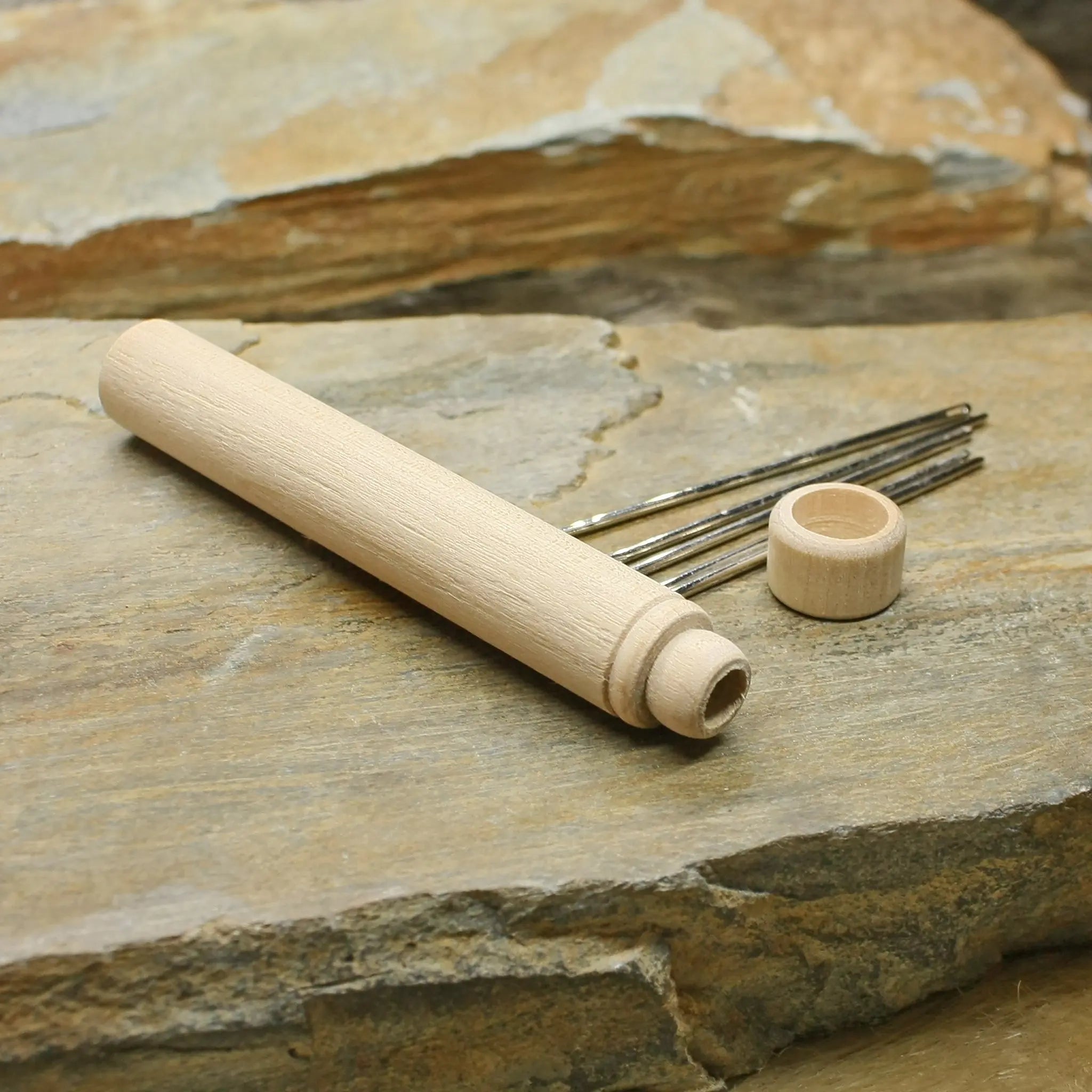 Long Wooden Viking / Medieval Needlecase Open with Needles at Side