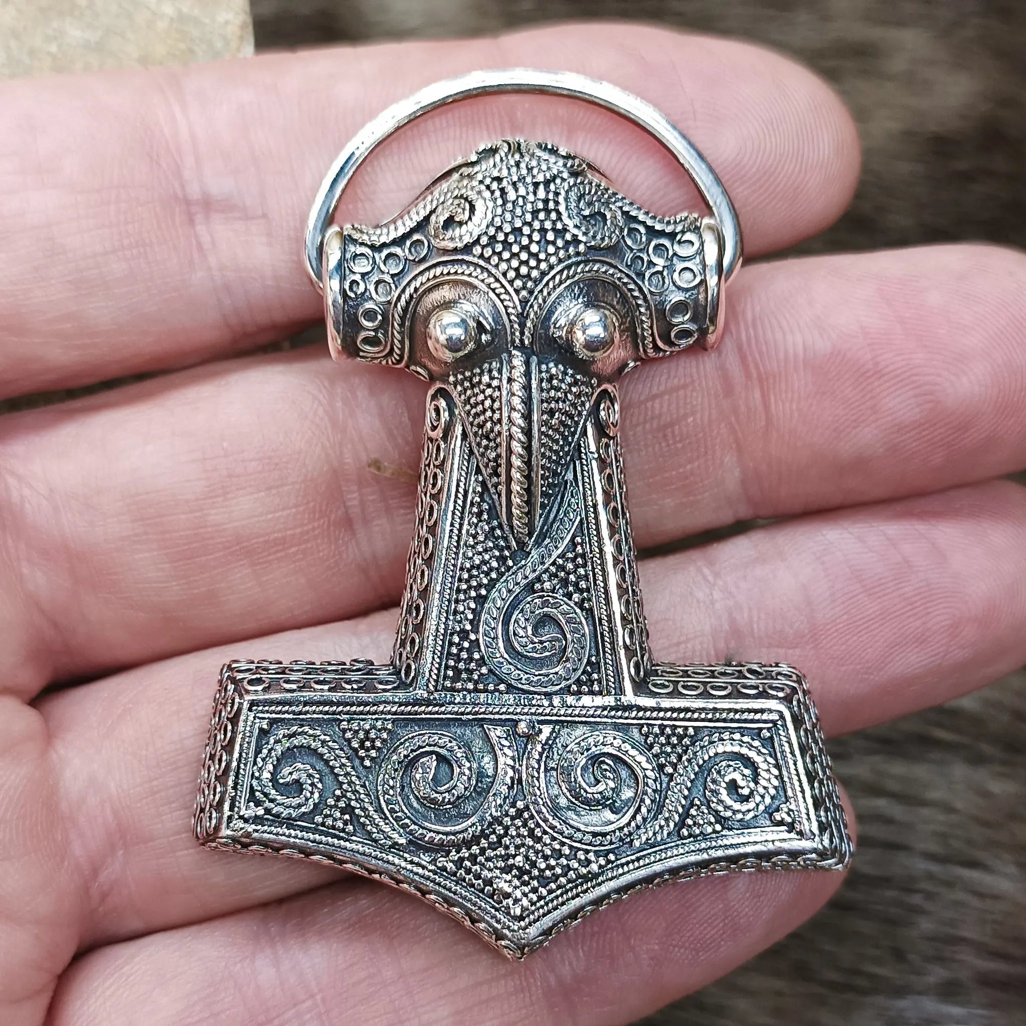 Large Silver Filigree Thors Hammer Pendant Replica from Kabara with Ring - On Hand