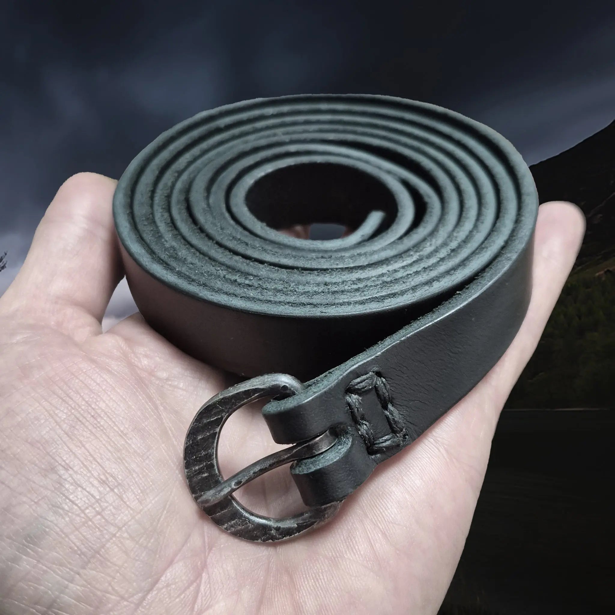 Complete Black Leather Long Viking Belt with Hand-Forged D-Shaped Iron Buckle