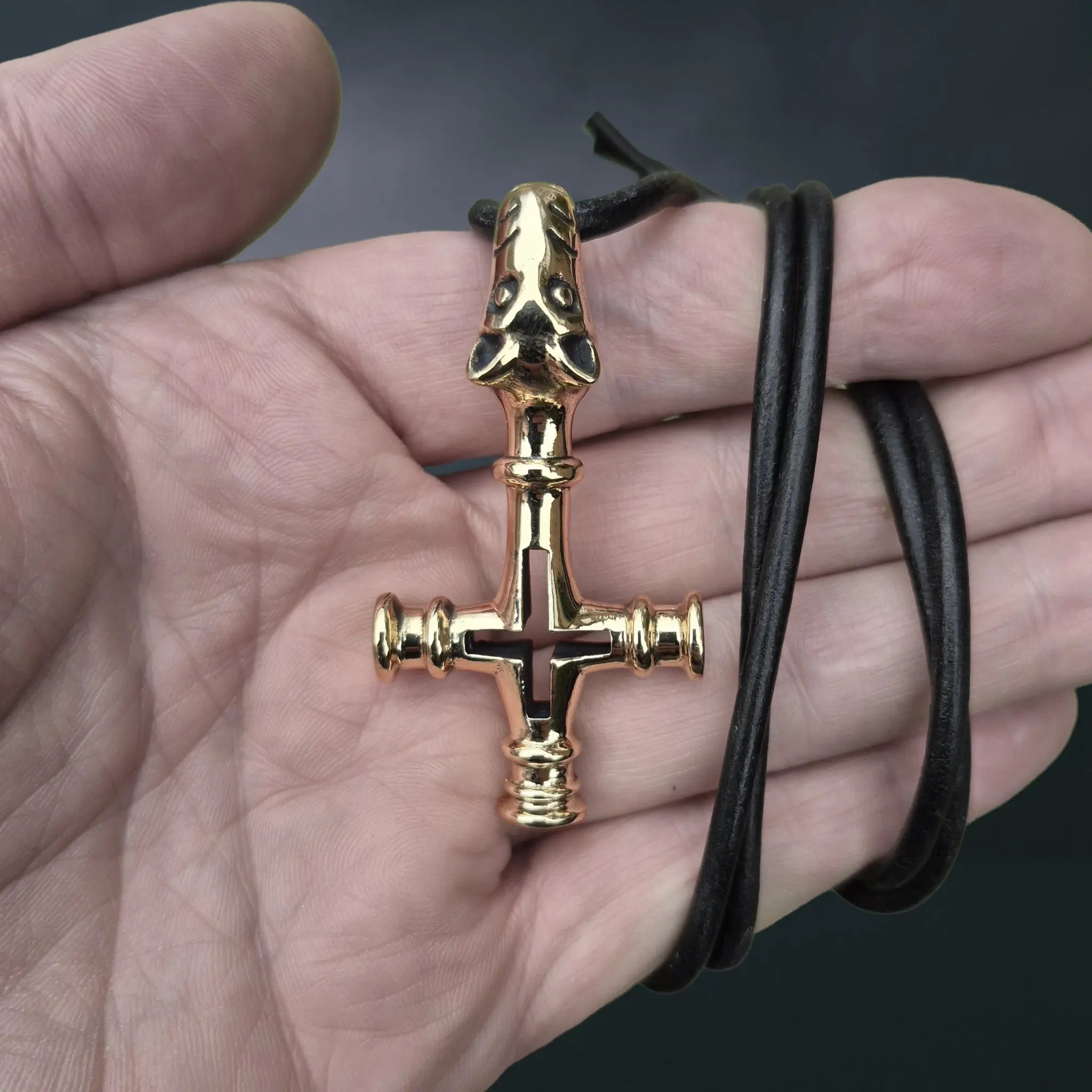 Large Bronze Icelandic Wolf Thor's Hammer Pendant Replica on Leather Cord - on Hand