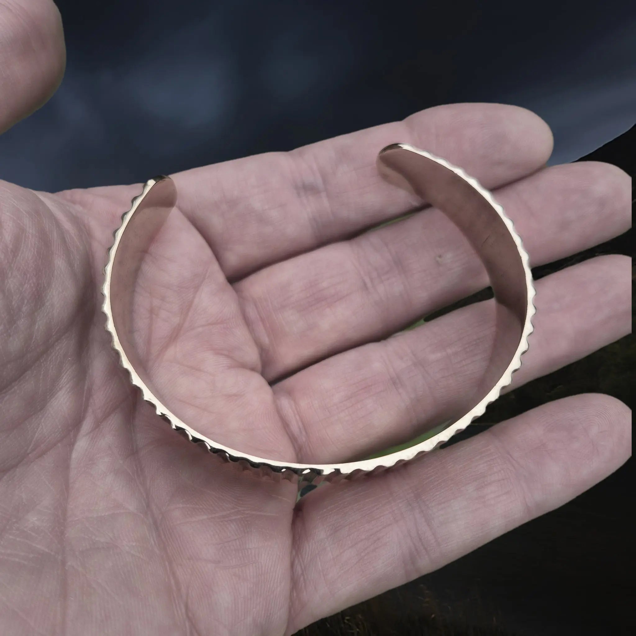 Bronze Hiberno-Norse Viking Bracelet / Arm Ring Replica with Ridge Design on Hand - Above View