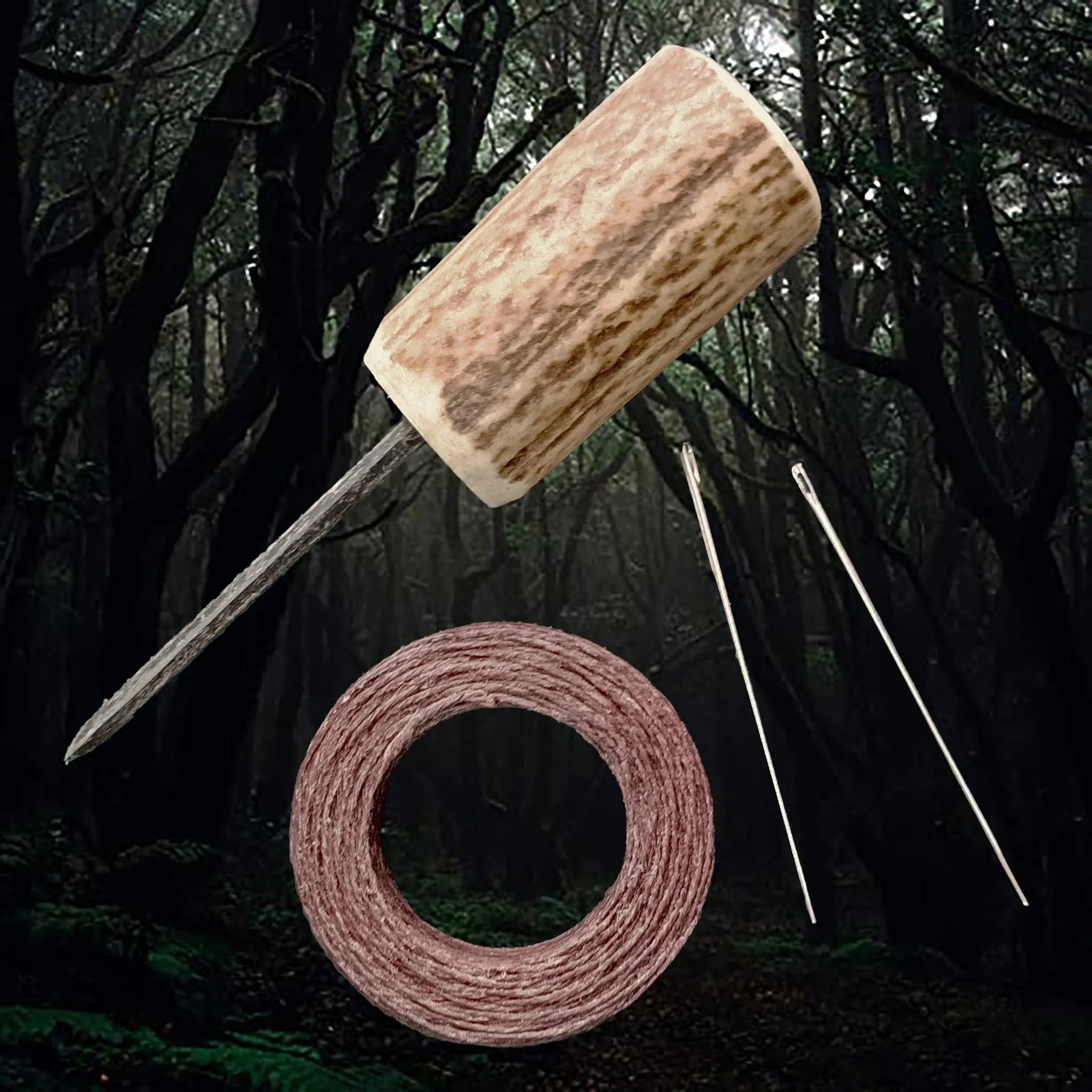 Complete Leather Viking Age Sewing Kit - Antler Awl, Steel Harness Needles, Waxed Linen Thread 