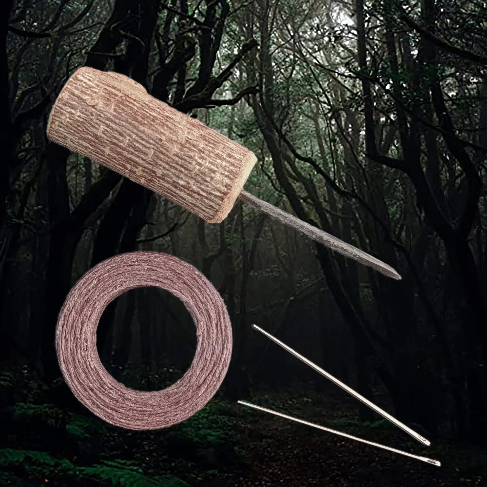 Complete Viking Age Leather Sewing Kit - Birch Wood Handle Awl, Steel Harness Needles, Waxed Linen Thread 