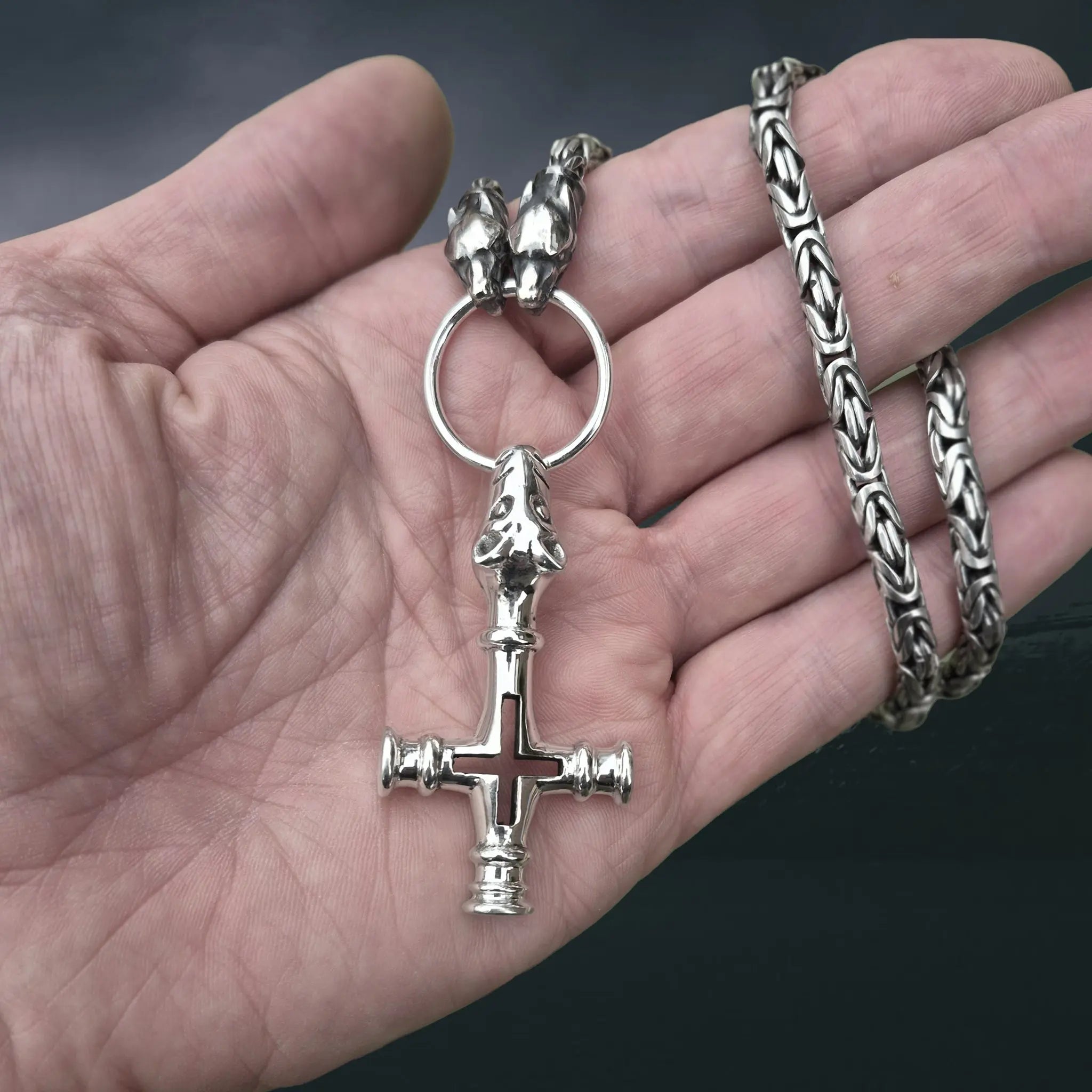 Large Silver Icelandic Wolf Cross Hammer Replica Pendant on Silver Split Ring on 5mm Silver King Chain with Ferocious Wolf Heads Wrapped Around Hand