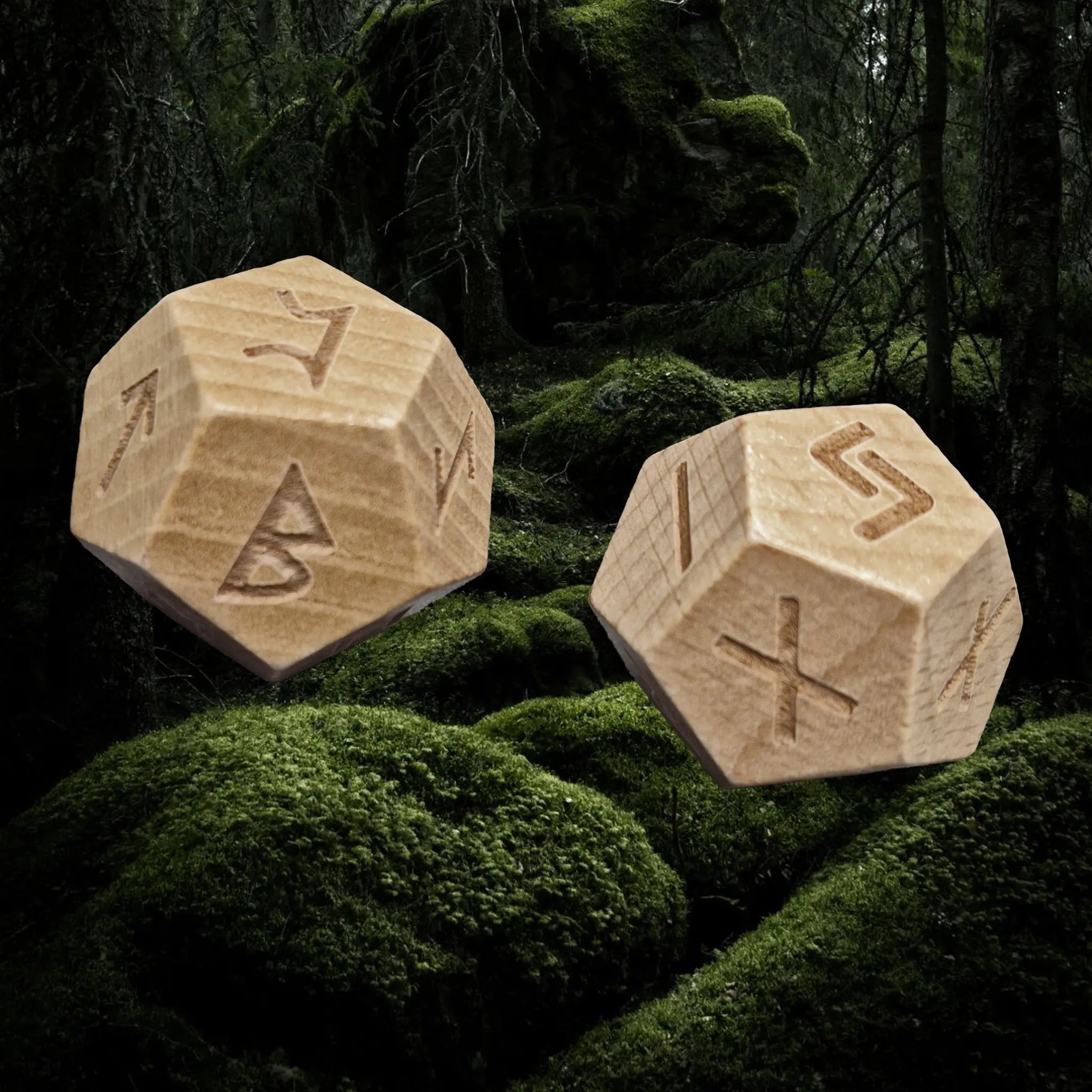 Elder Futhark Huge Wooden Runic Dice Set Showing Perthro and Jera on Top