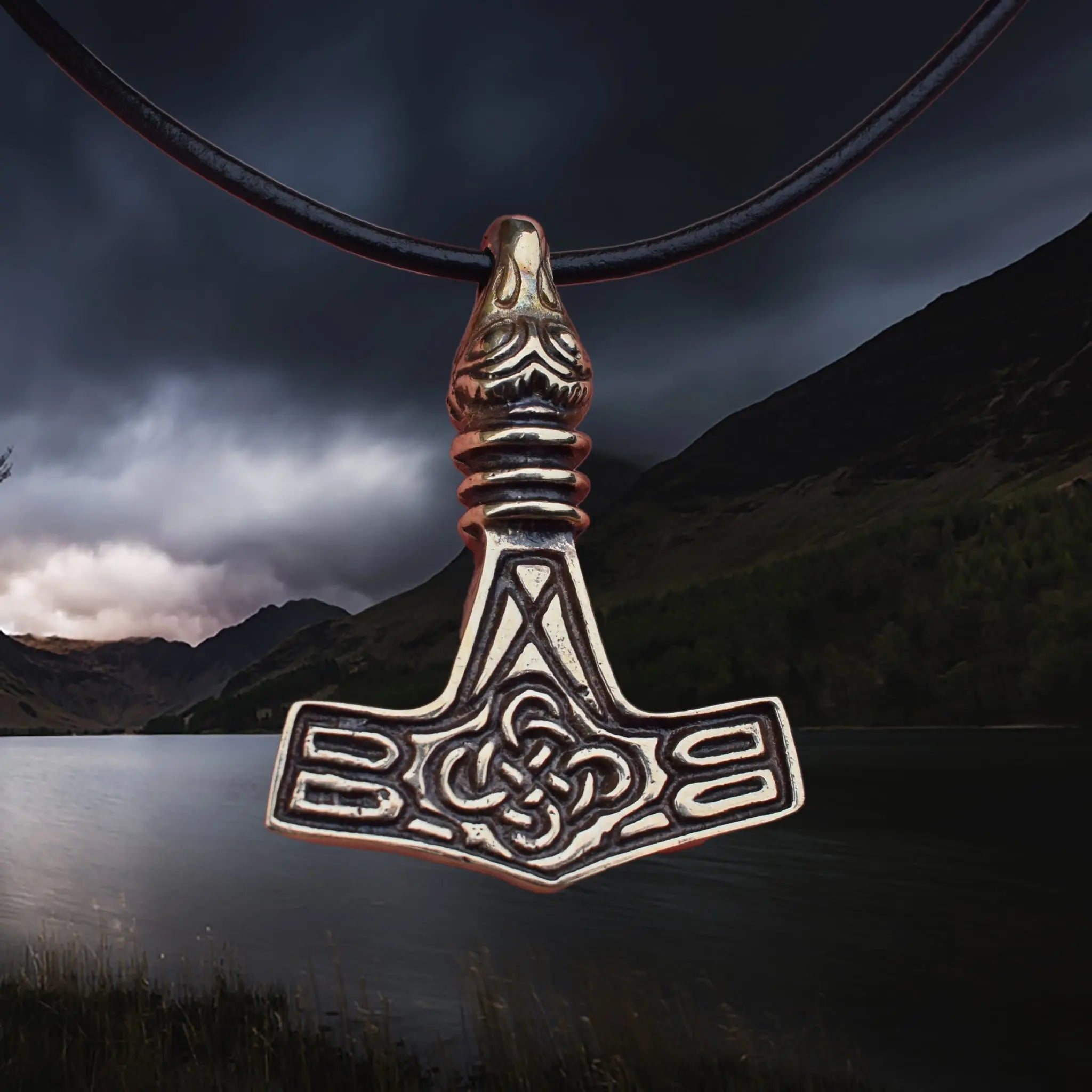 Replica Bronze Viking Age Thor's Hammer Pendant from Sweden with Raven Head on Leather Cord