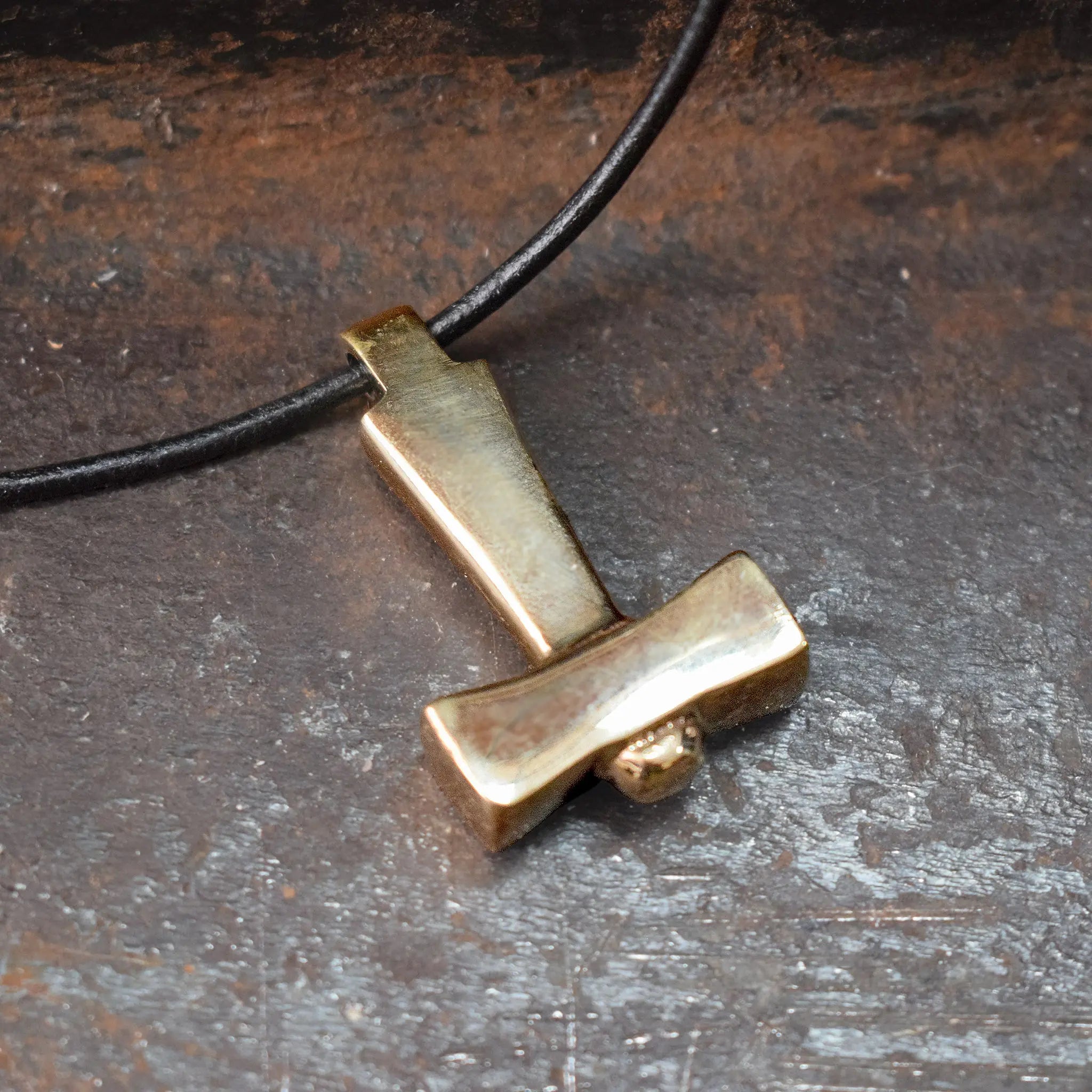 Bronze Replica Thors Hammer Pendant from Läby, Sweden on Leather Cord, on Steel 
