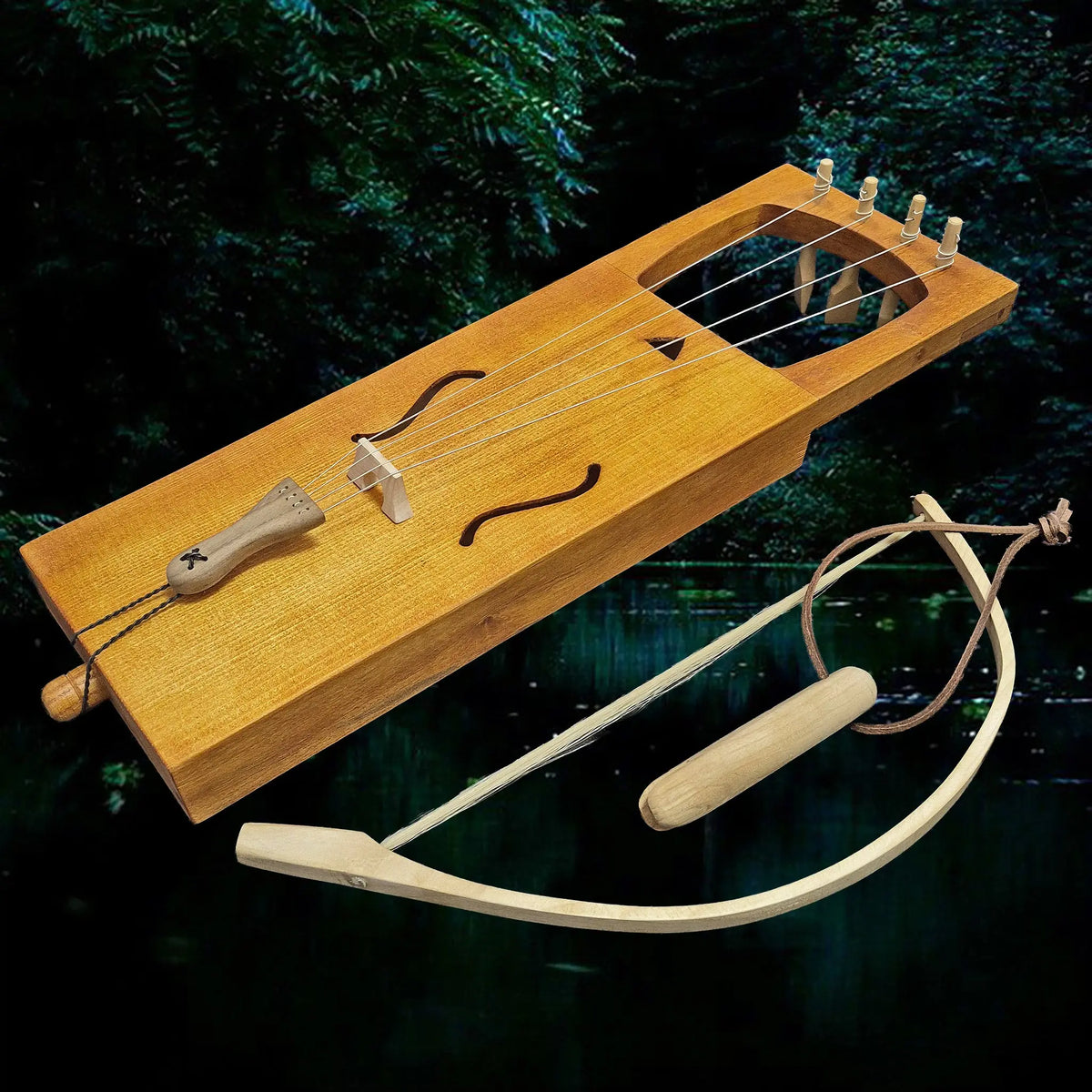 Handmade Viking Age Alder Wood Replica Practical Tagelharp with Bow and Tuning Fork - Angle View - Tan Colour