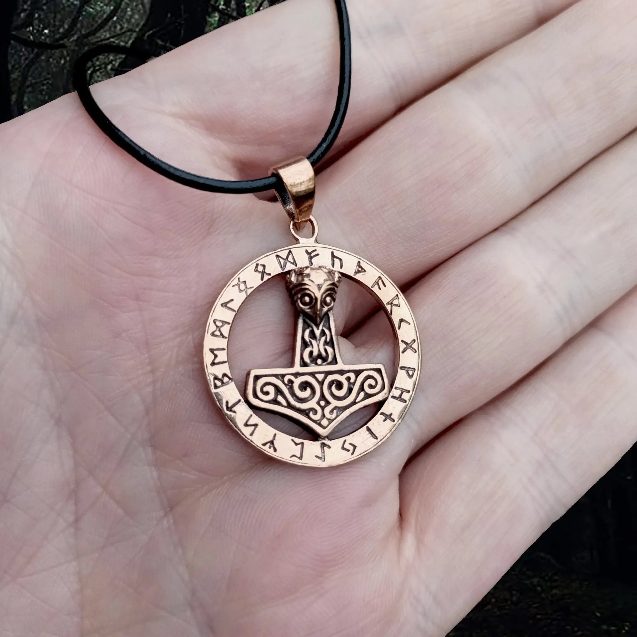 Round Bronze Runic Thors Hammer Viking Pendant on Hand - Viking Jewelry