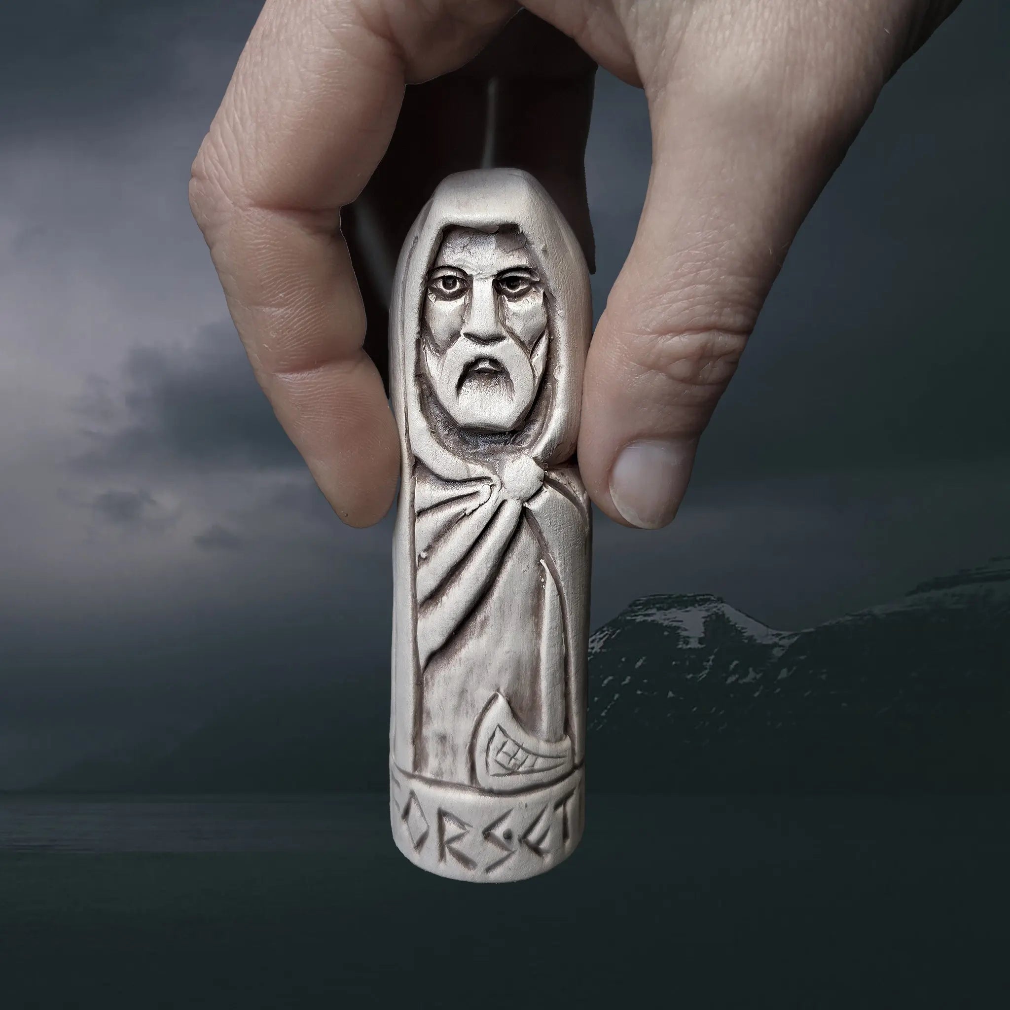 Hand-Crafted Ceramic Norse God Forseti Statuette in Hand for Scale