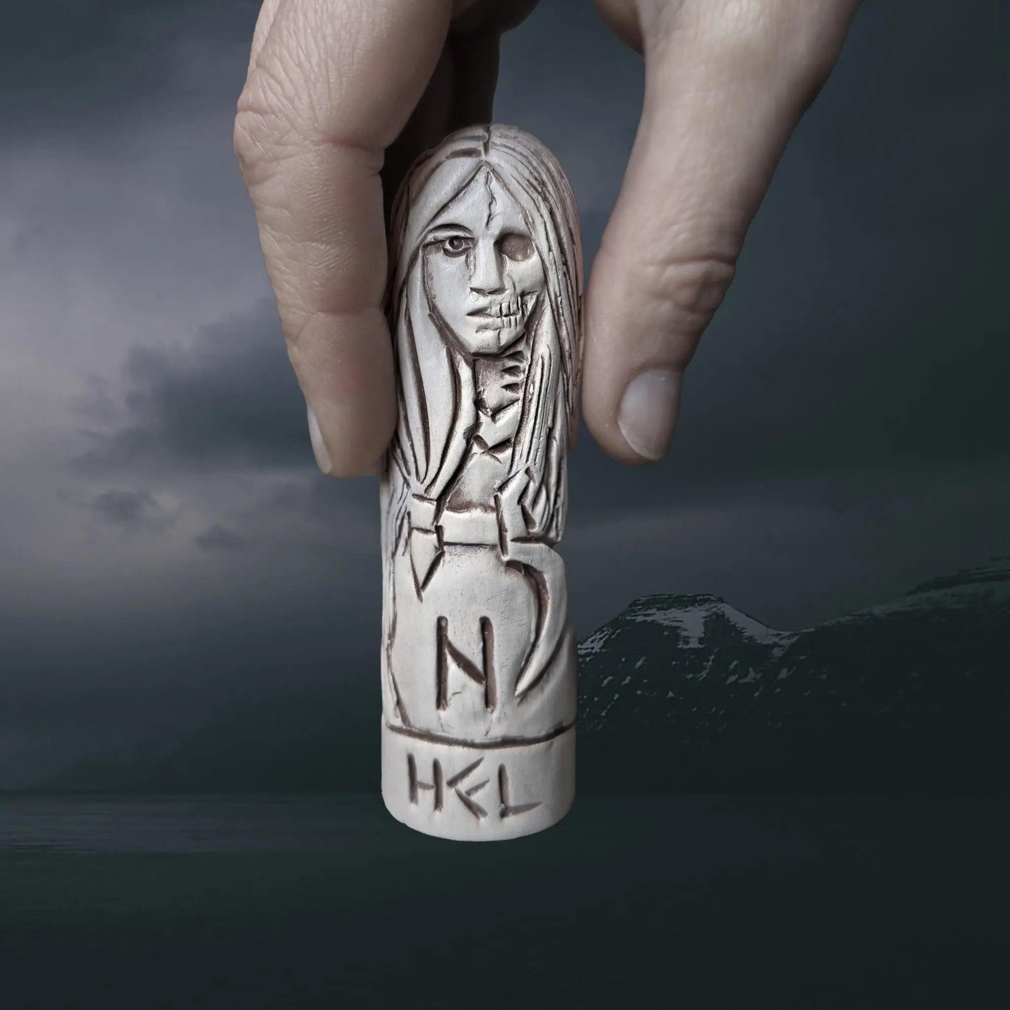 Hand-Crafted Ceramic Norse Goddess Hel Statuette in Hand for Scale