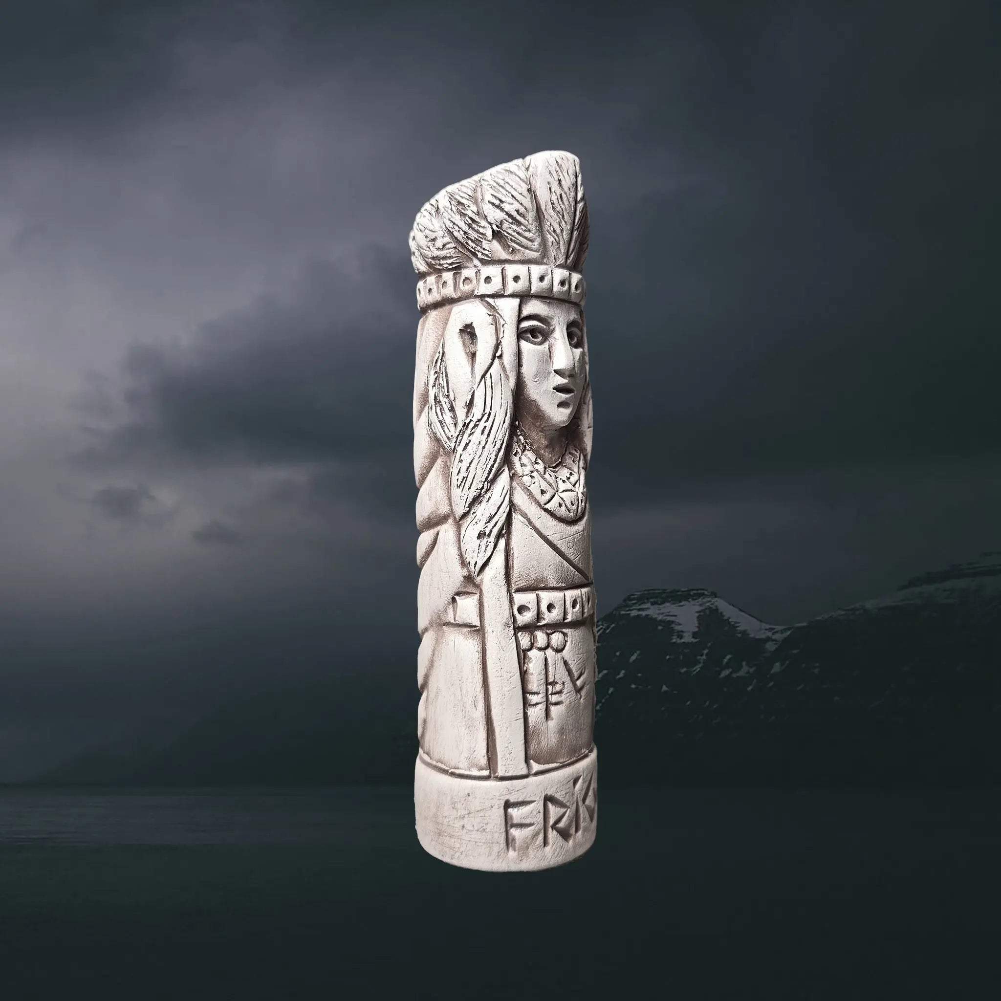 Statuette of the Norse Goddess Frigg in Hand-Crafted Clay - Right Side Angle View