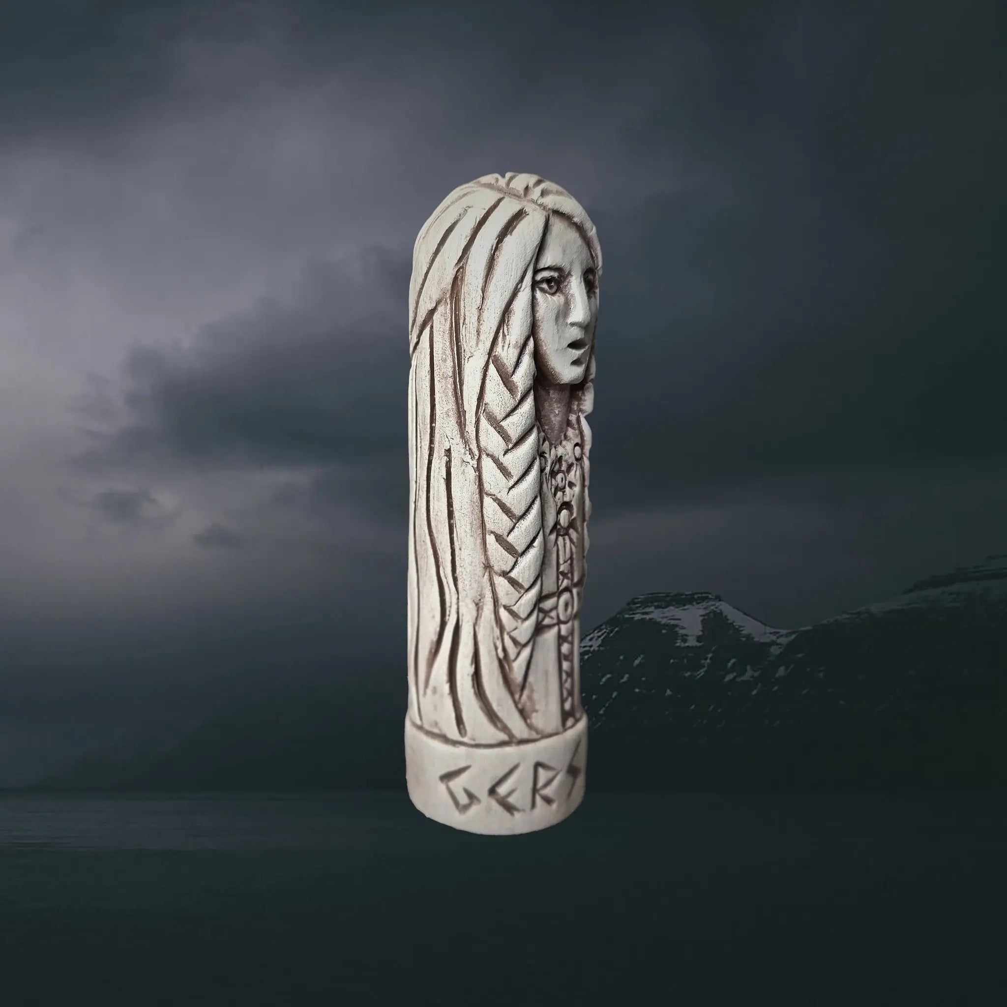 Statuette of the Norse Goddess Gersimi (Gersemi) in Hand-Crafted Clay - Right Side Angle View