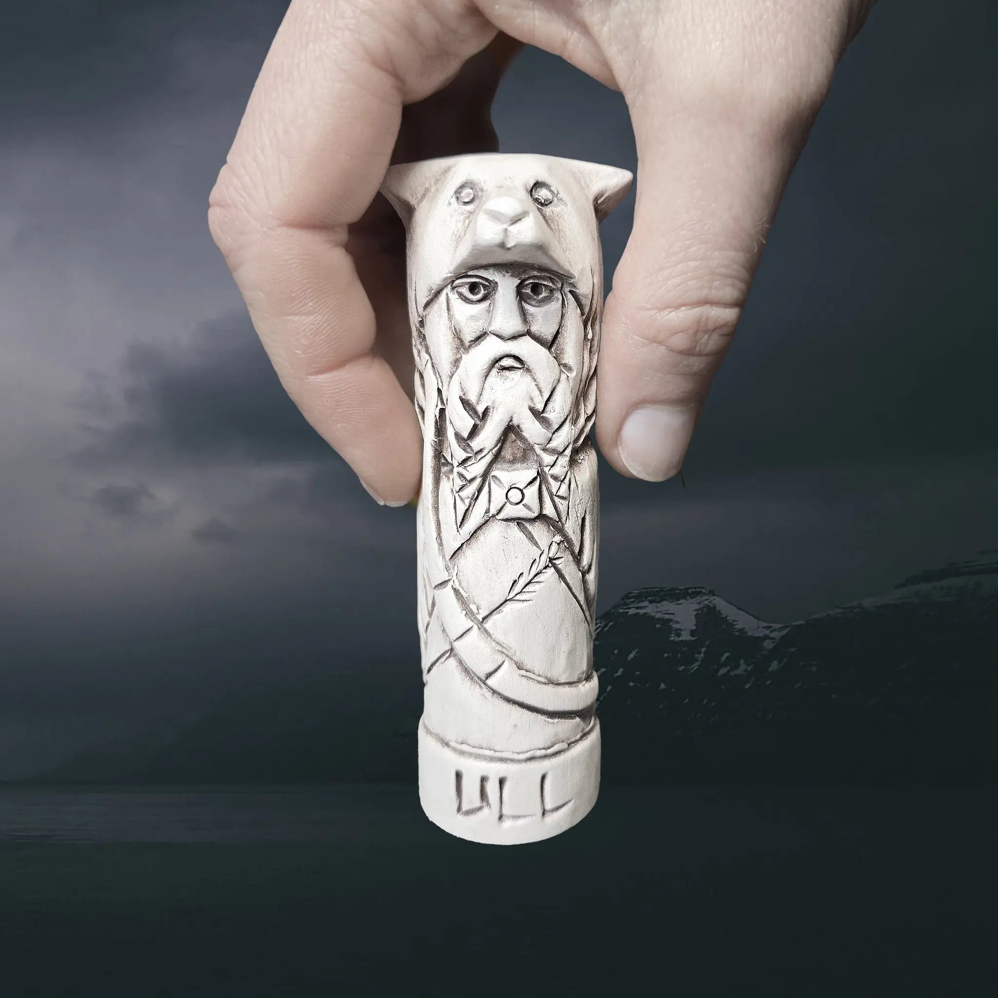 Hand-Crafted Ceramic Norse God Ull Statuette in Hand for Scale
