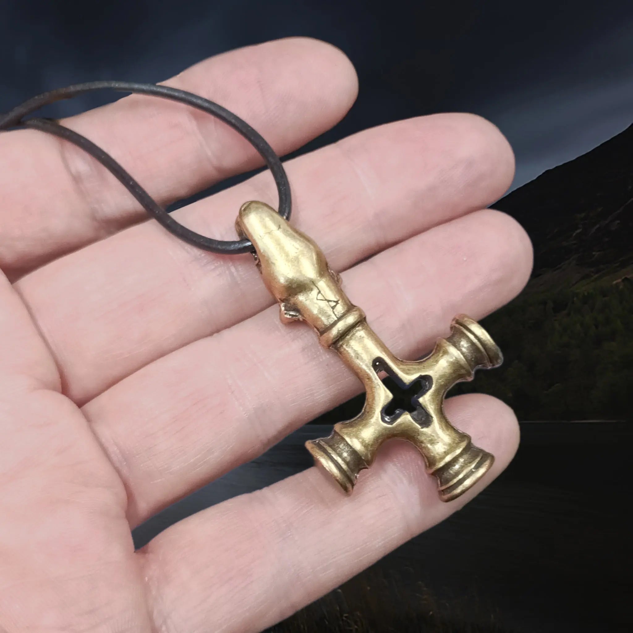 Large Brass Replica of the Original Icelandic Thor's Hammer Cross Pendant, from Foss, Iceland - 11th Century on Leather Cord on Hand - Back View