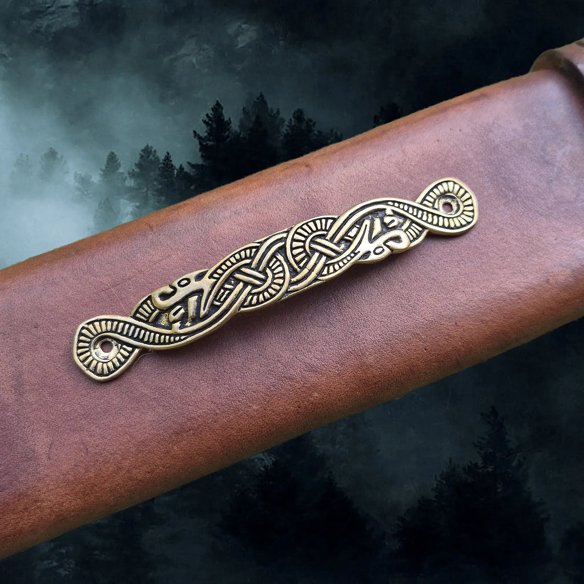 Viking Style Bronze Scabbard Bridge Mount with Serpent Design on Scabbard