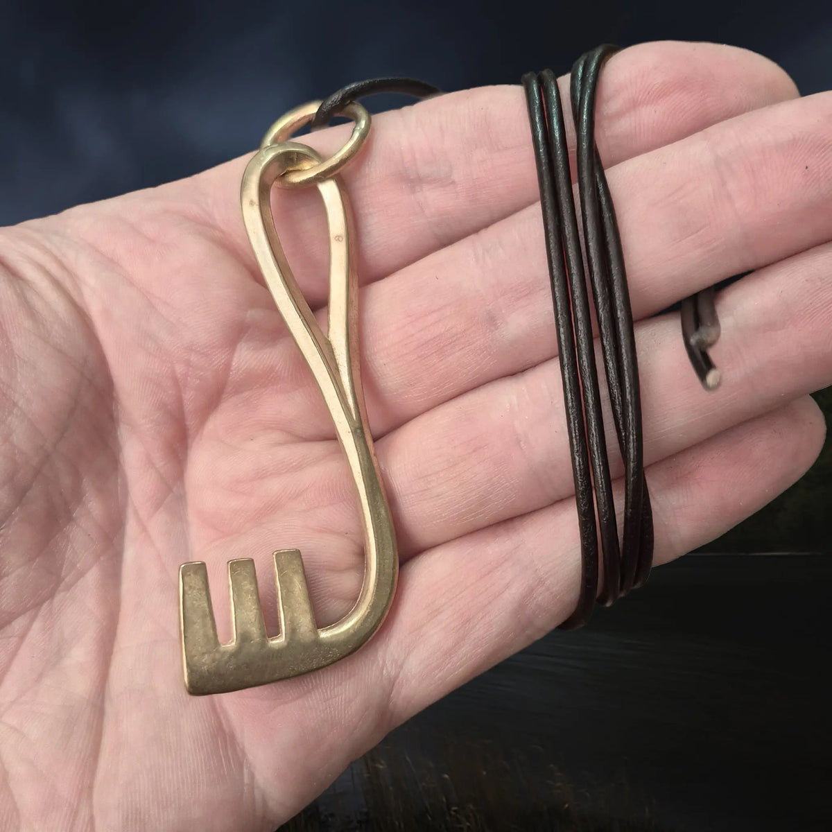 Replica Viking Grave Find Large L-Shaped Key Pendant - Bronze on Leather Cord, Wrapped Around Hand 