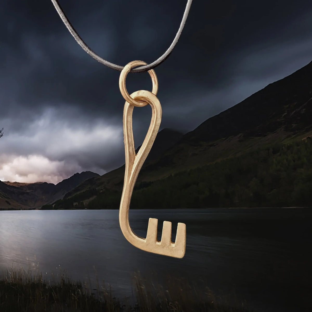 Replica Viking Grave Find Large L-Shaped Key Pendant - Bronze on Leather Cord