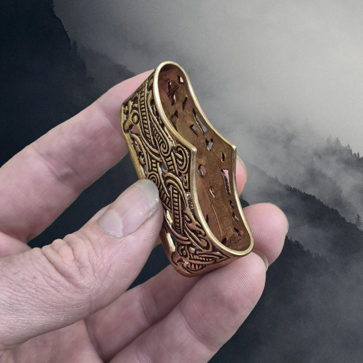 Viking Age Bronze Scabbard Mouth in Jelling Style - 10th Century in Hand - Inside Angle View
