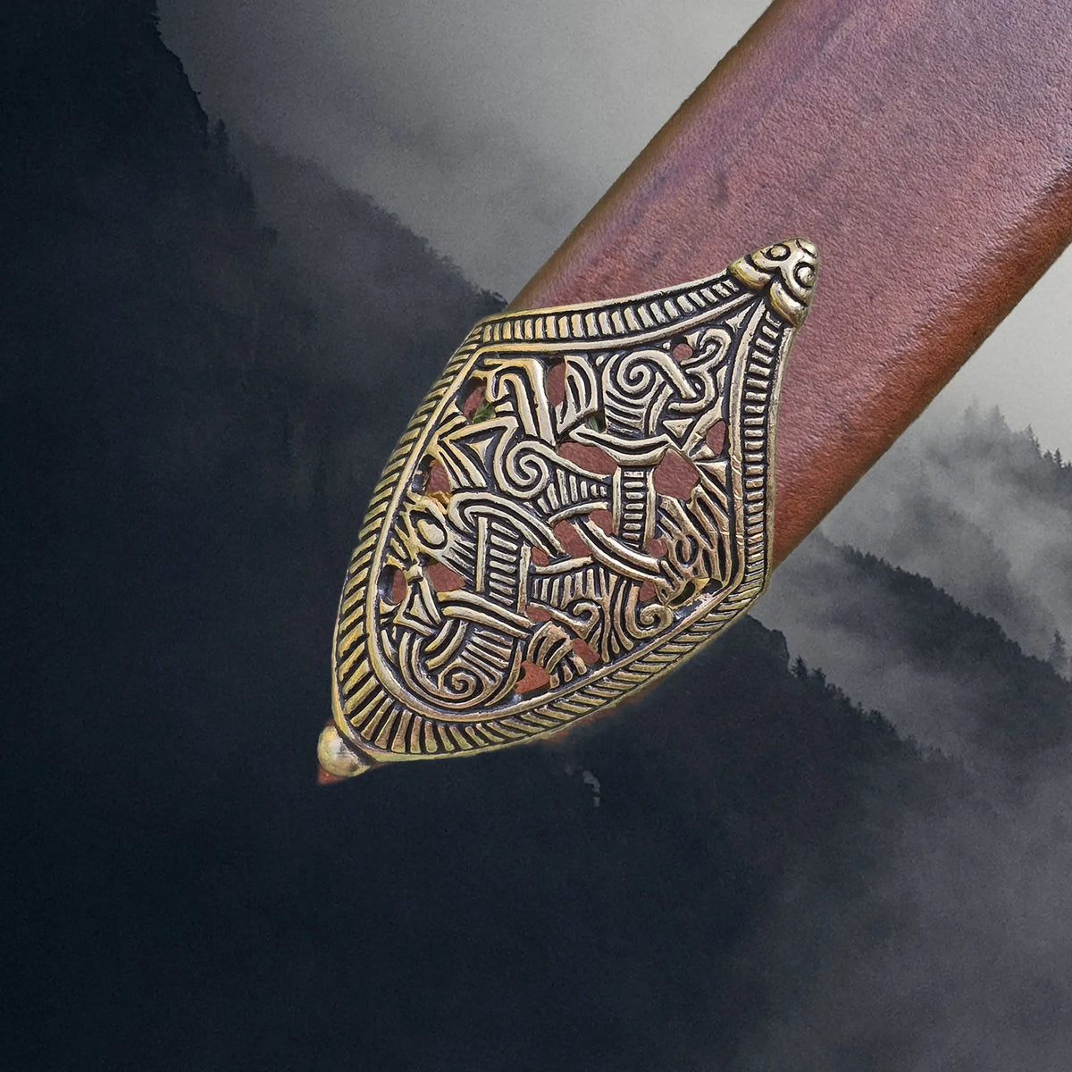 Viking Age Replica Bronze Jelling Style Scabbard Chape on Brown Leather Scabbard