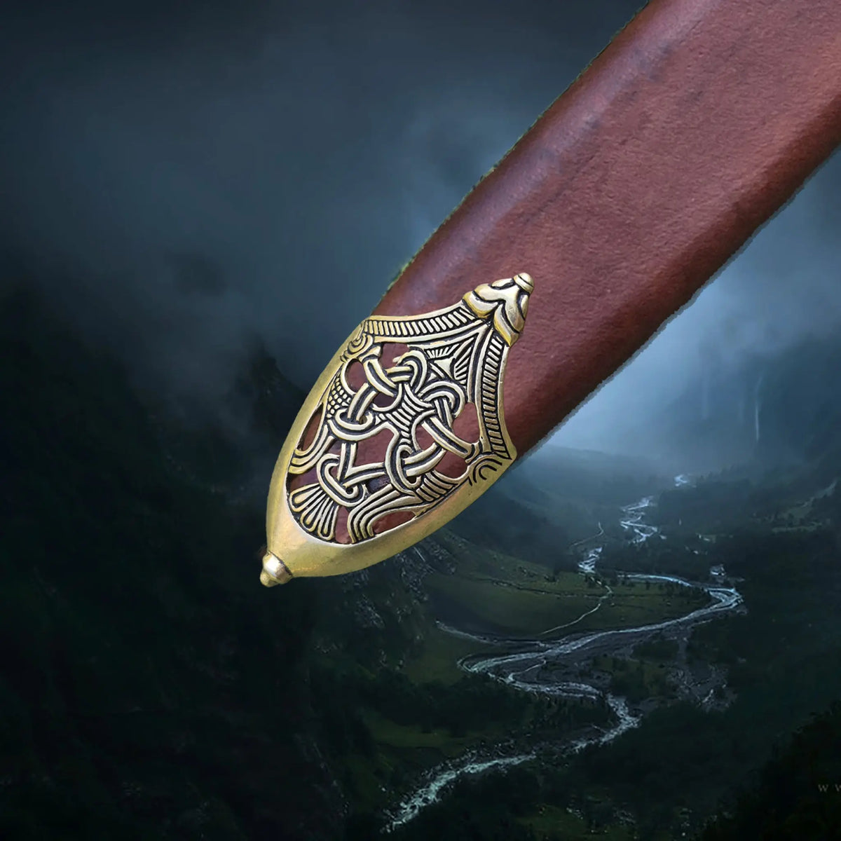 Bronze Replica Viking Scabbard Chape Replica from Skåne, Sweden in Borre Style on End of Leather Scabbard